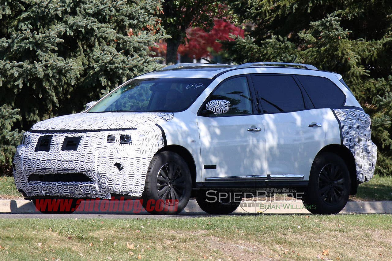 white 2017 nissan pathfinder spy shot front three quarters camouflage