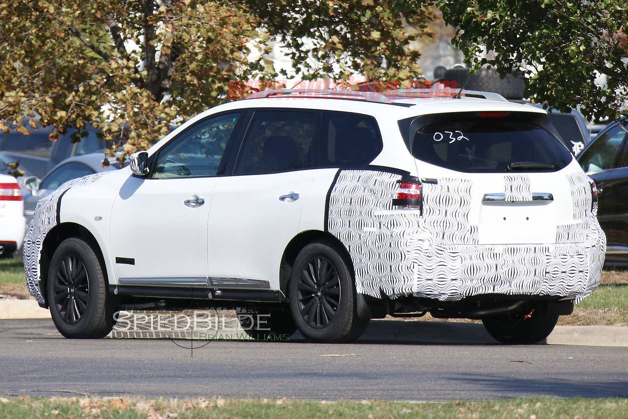 white 2017 nissan pathfinder spy shot rear three quarters