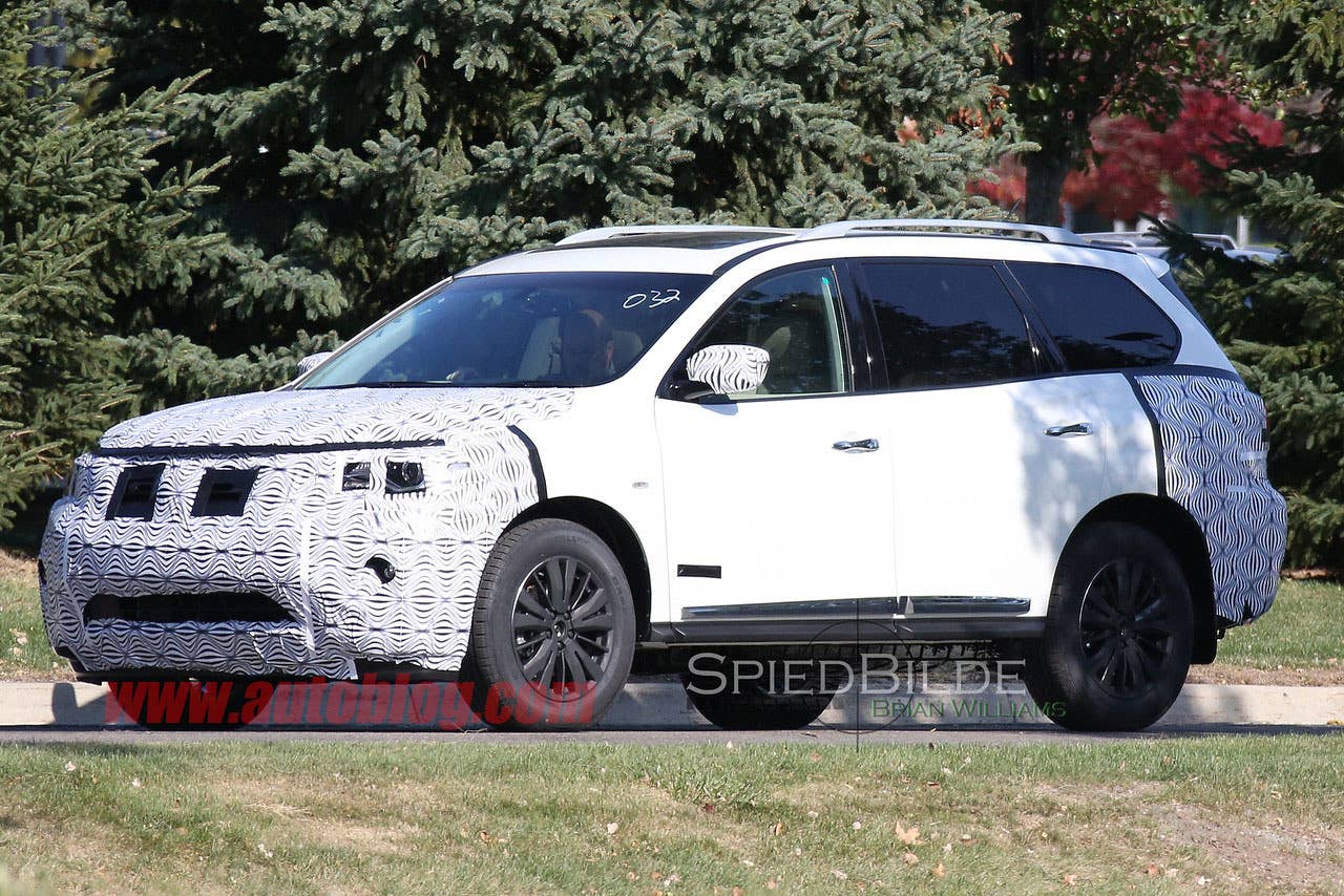 white 2017 nissan pathfinder spy shot front three quarters