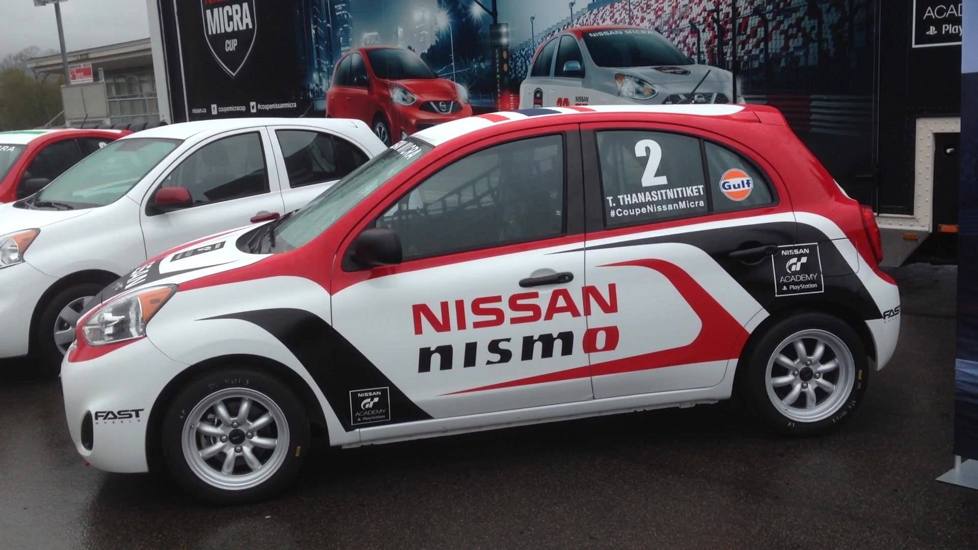 Senior editor Greg Migliore shows off the features of the 2015 Nissan Micra Cup racecar at the Circuit Mont-Tremblant in Quebec.