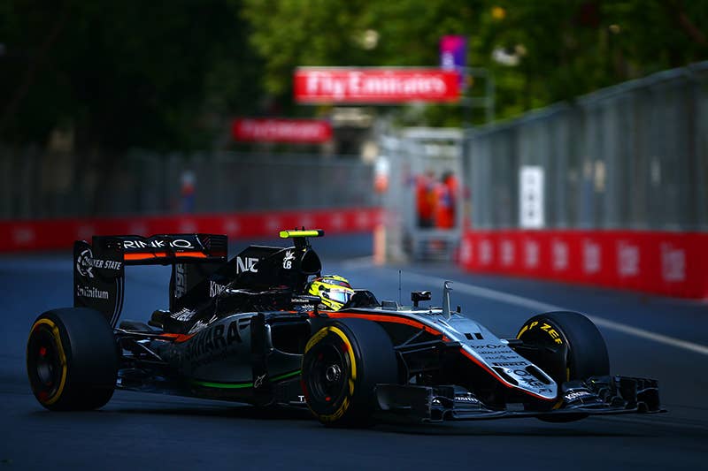 Sergio Perez of Mexico drives the 1 Sahara Force India F1 Team VJM09 Mercedes PU106C Hybrid turbo during the European Formula One Grand Prix at Baku City Circuit on June 19, 2016 in Baku, Azerbaijan.