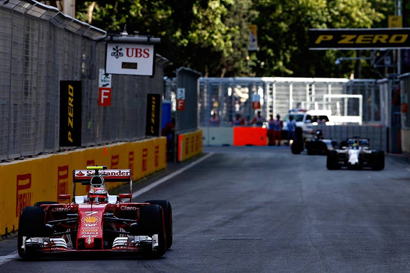Kimi Raikkonen of Finland driving the (7) Scuderia Ferrari SF16-H Ferrari 059/5 turbo (Shell GP) leads Felipe Massa of Brazil driving the (19) Williams Martini Racing Williams FW38 Mercedes PU106C Hybrid turbo on track during the European Formula One Grand Prix at Baku City Circuit on June 19, 2016 in Baku, Azerbaijan.