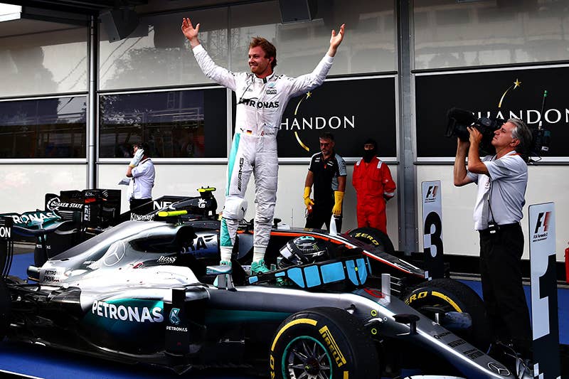 Nico Rosberg of Germany and Mercedes GP celebrates his win in parc ferme during the European Formula One Grand Prix at Baku City Circuit on June 19, 2016 in Baku, Azerbaijan