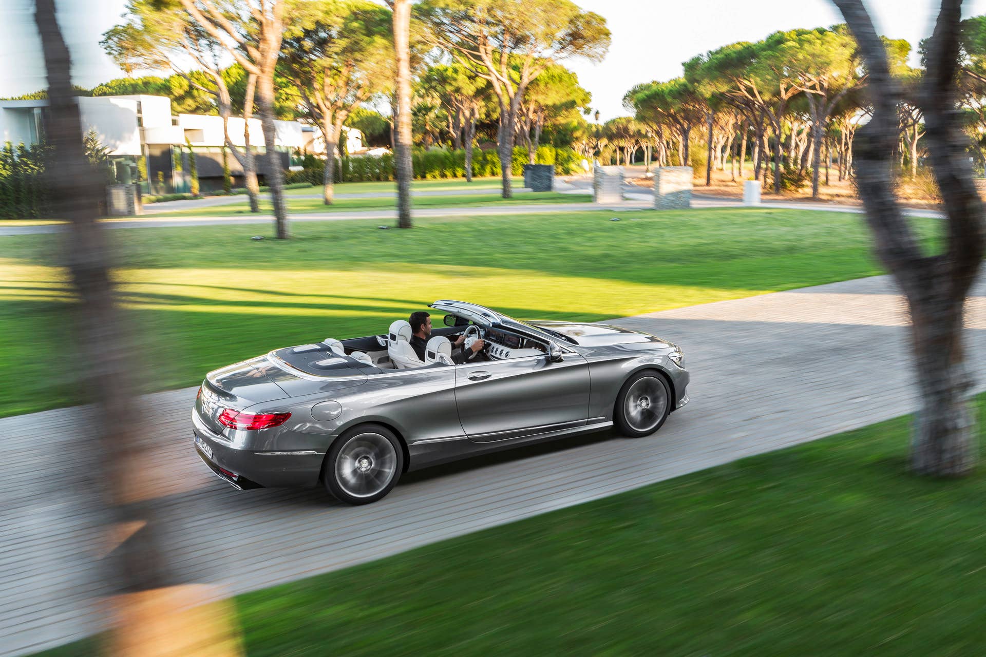 mercedes trees s-class cabrio top down action moving