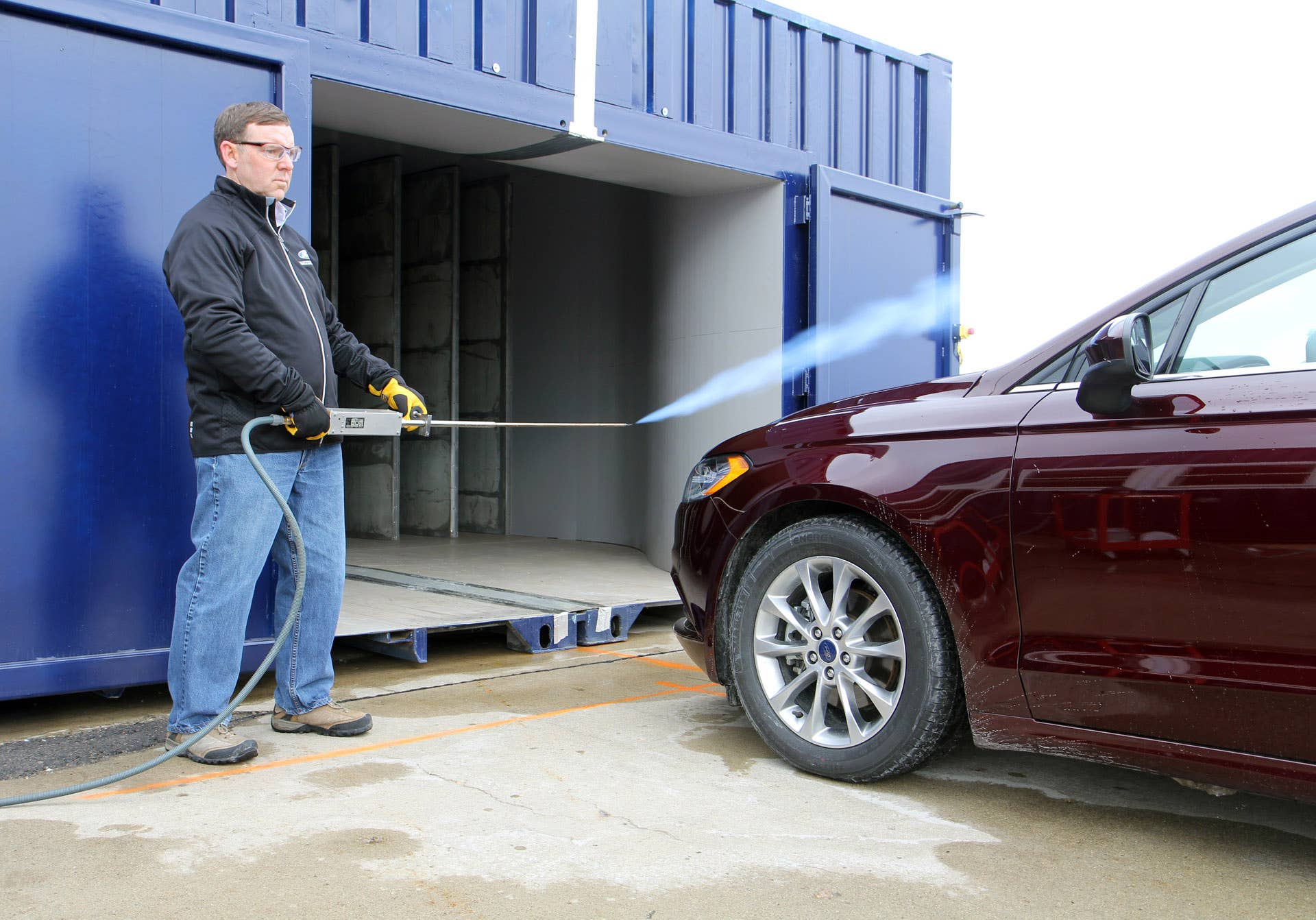 Ford engineers tests wind noise at its portable aeroacostic wind tunnel facility.