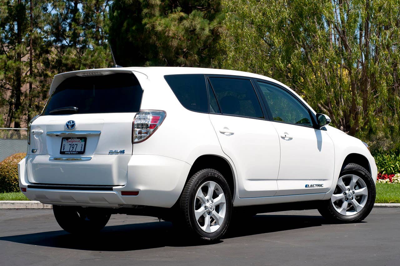 2013 Toyota RAV4 EV rear 3/4 view