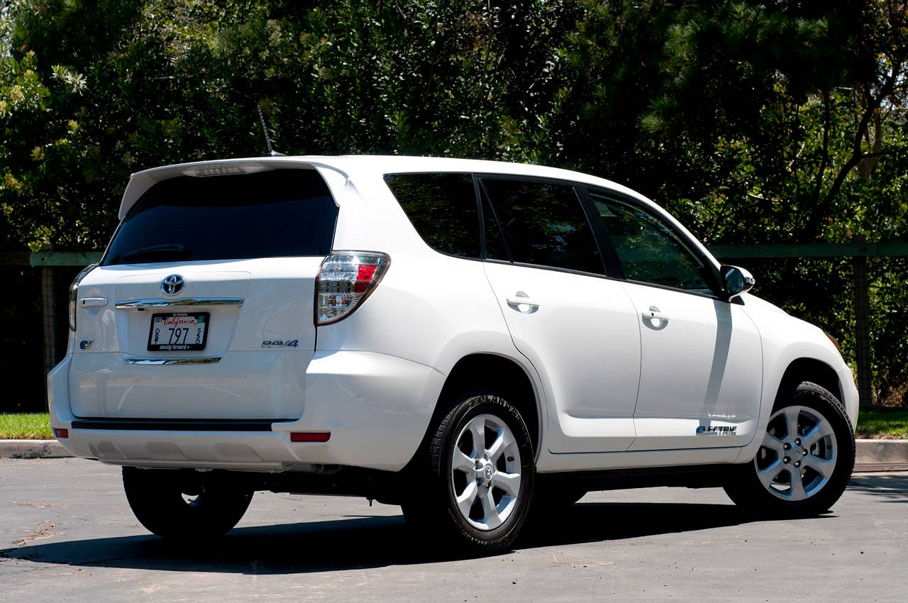2013 Toyota RAV4 EV rear 3/4 view