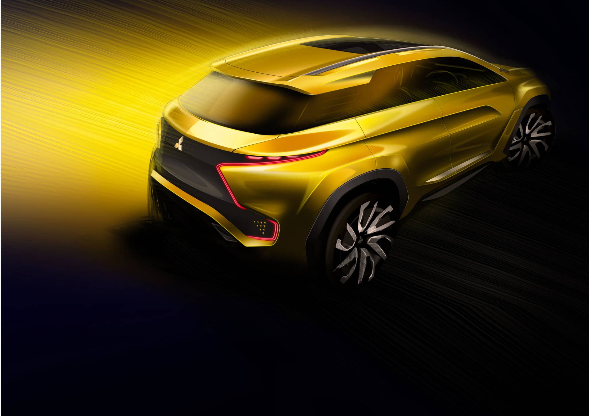 yellow mitsubishi ex concept rendering rear three quarters