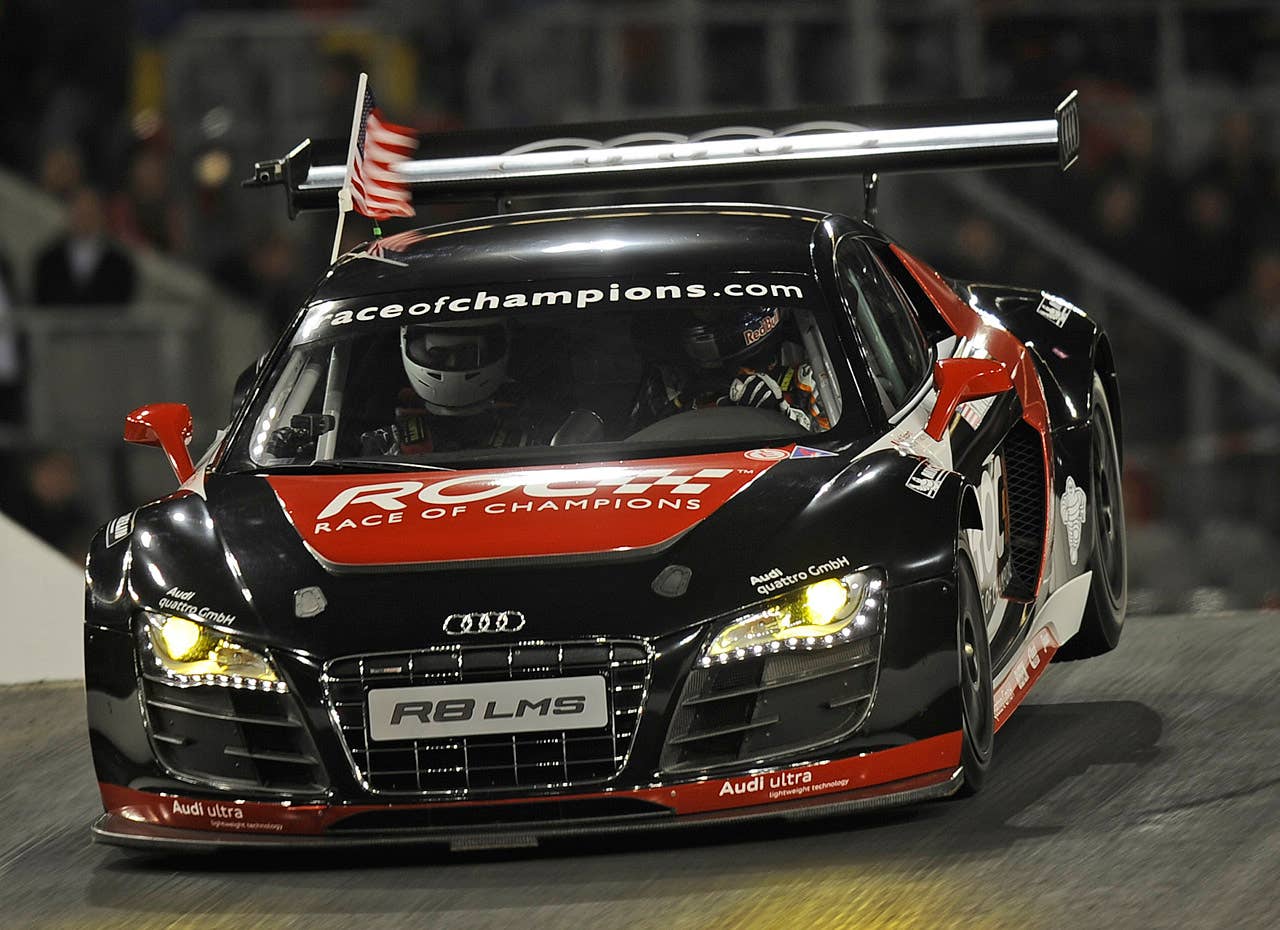 US driver Travis Pastrana steers his car  during the Race of Champions at the arena in Duesseldorf, western Germany, Saturday, Dec. 3, 2011. (AP Photo/Martin Meissner)