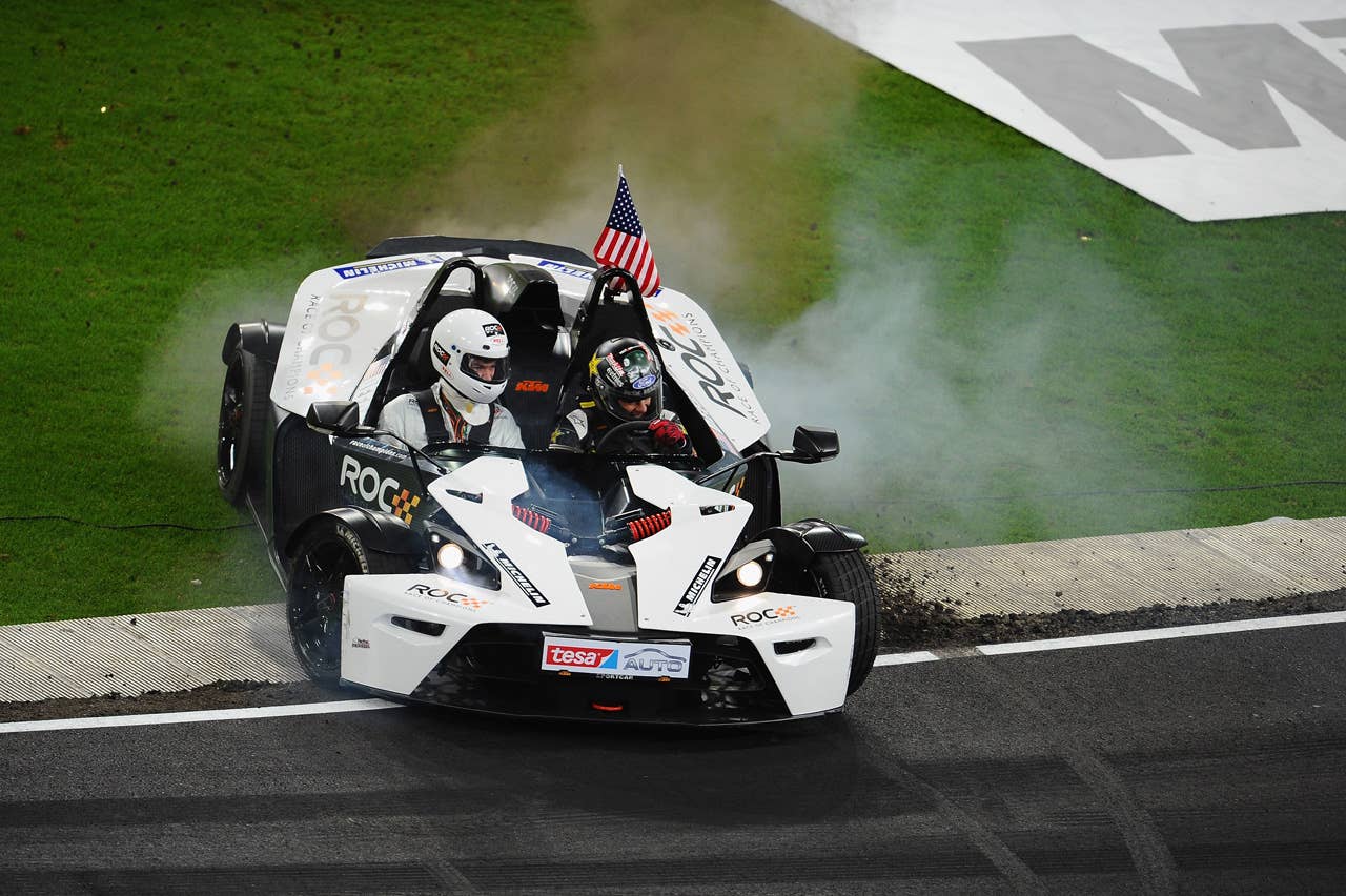 DUESSELDORF, GERMANY - DECEMBER 04: Brian Deegan of USA turns during day two of the race of champions event at the Esprit Arena on December 4, 2011 in Duesseldorf, Germany.  (Photo by Dennis Grombkowski/Bongarts/Getty Images)