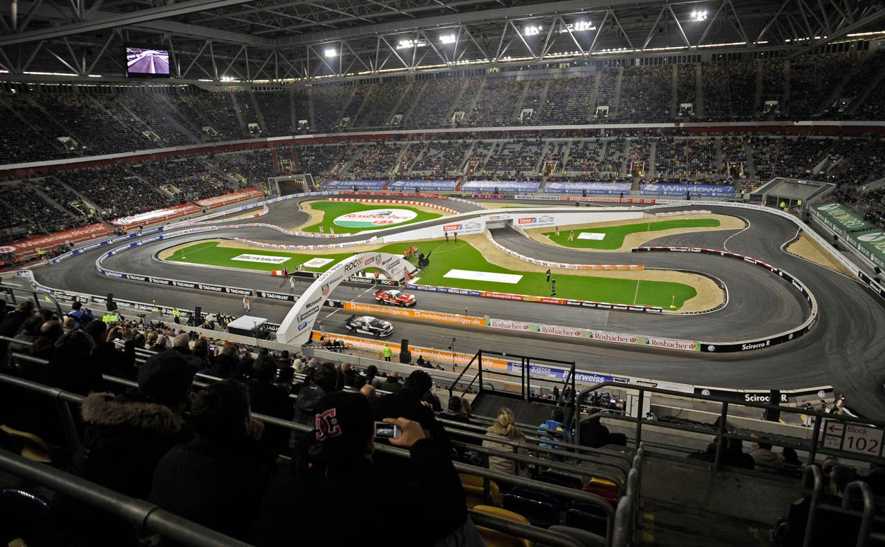 Drivers compete during the Race of Champions at the arena in Duesseldorf, western Germany, Saturday, Dec. 3, 2011.(AP Photo/Martin Meissner)