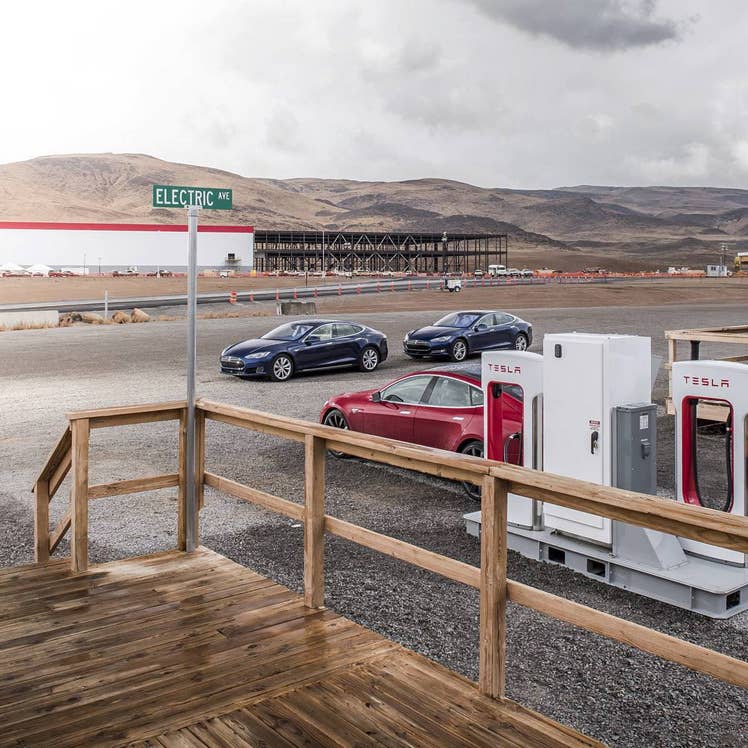 Charging stations and Tesla Model S' at Tesla Gigafactory 1 in Sparks, Nevada.