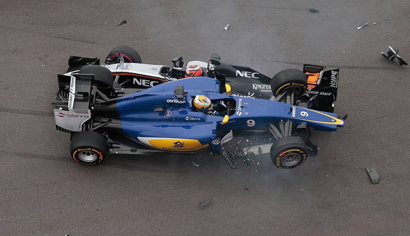 Force India driver Nico Hulkenberg and Sauber Marcus Ericsson collide on the first lap of the 2015 Russian Grand Prix.
