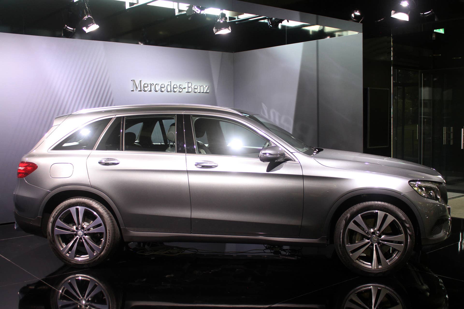 The 2016 Mercedes-Benz GLC 350e unveiled in Stuttgart, side view.