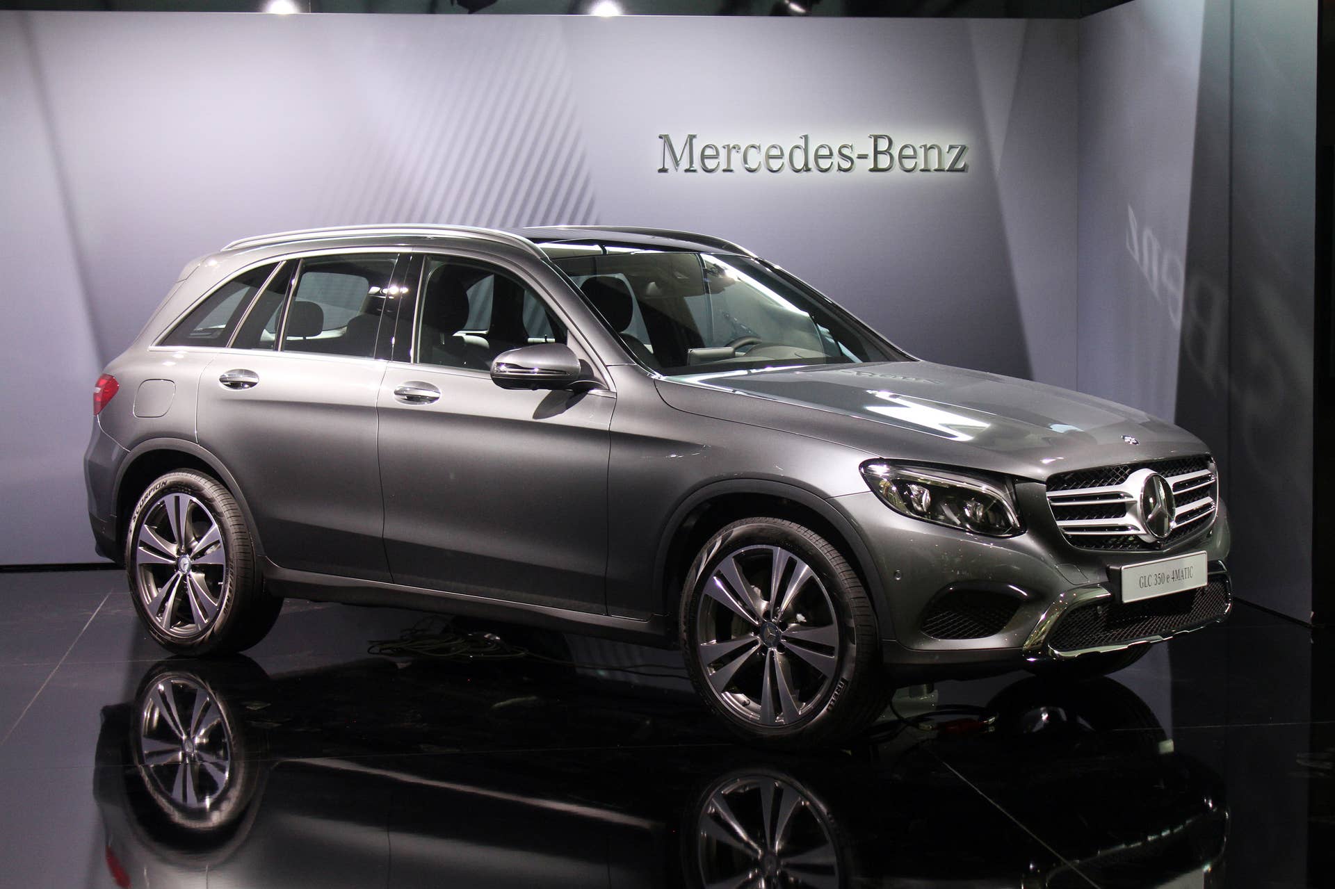 The 2016 Mercedes-Benz GLC 350e unveiled in Stuttgart, front three-quarter view.