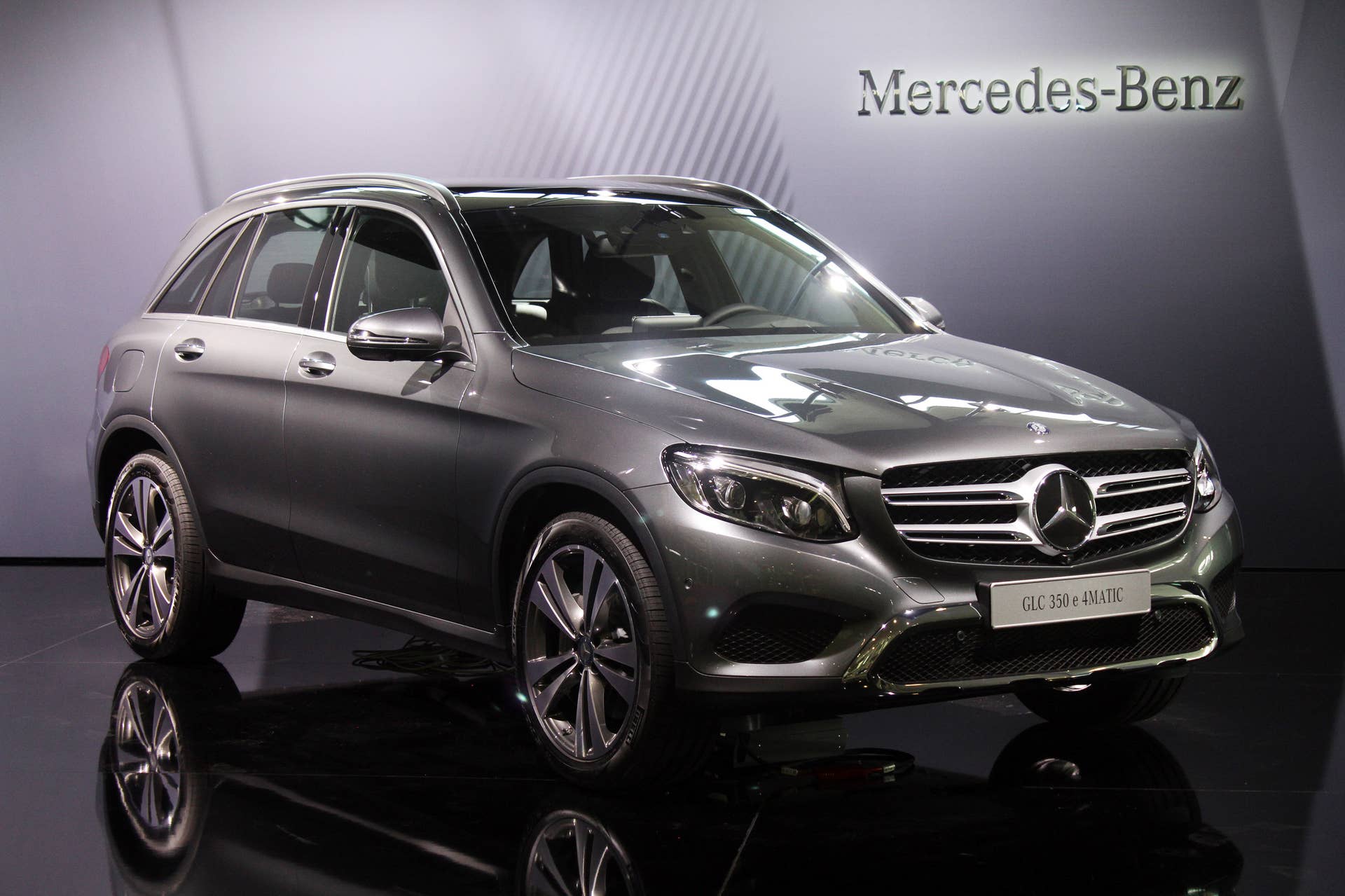 The 2016 Mercedes-Benz GLC 350e unveiled in Stuttgart, front three-quarter view.