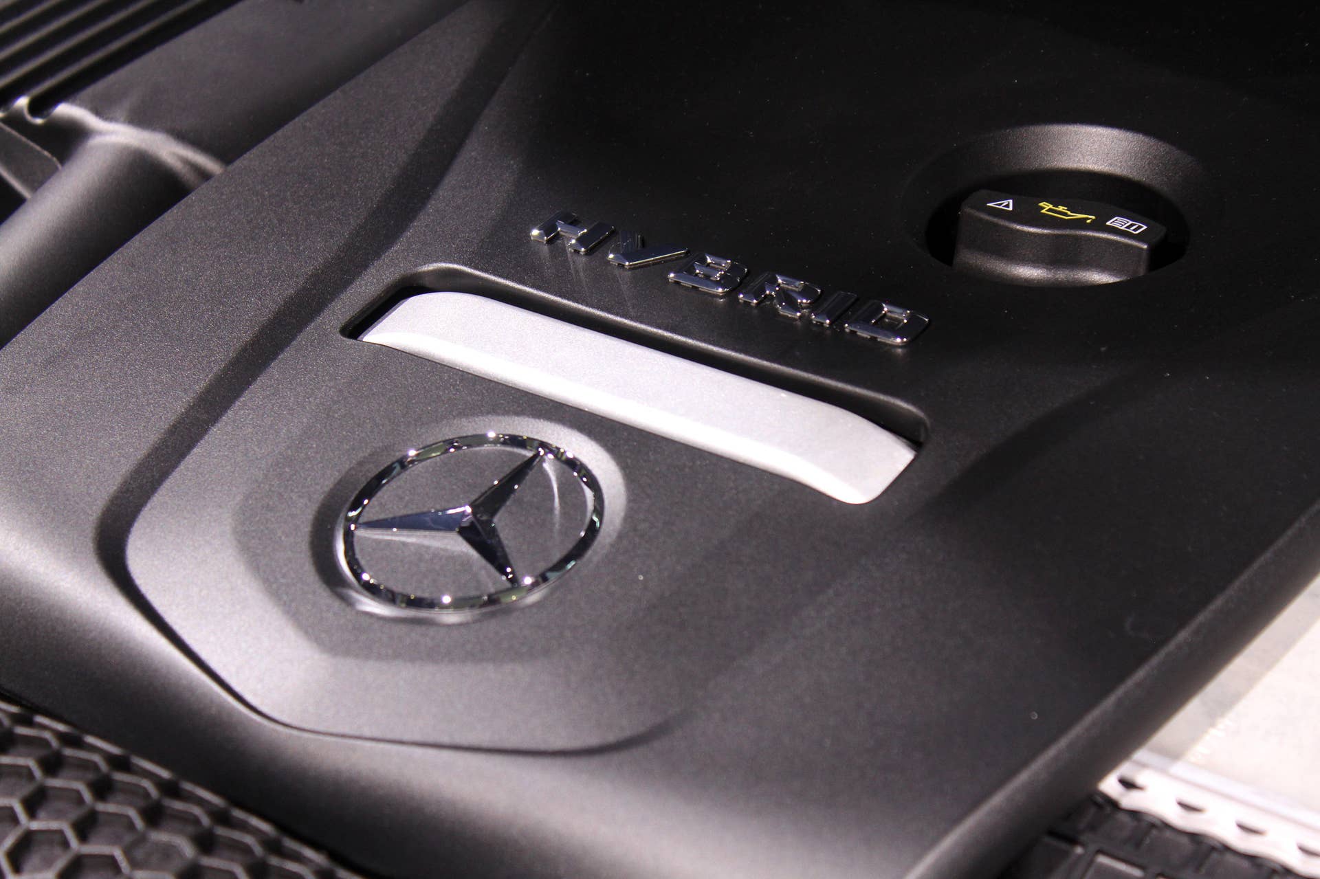 The 2016 Mercedes-Benz GLC 350e unveiled in Stuttgart, engine close-up.