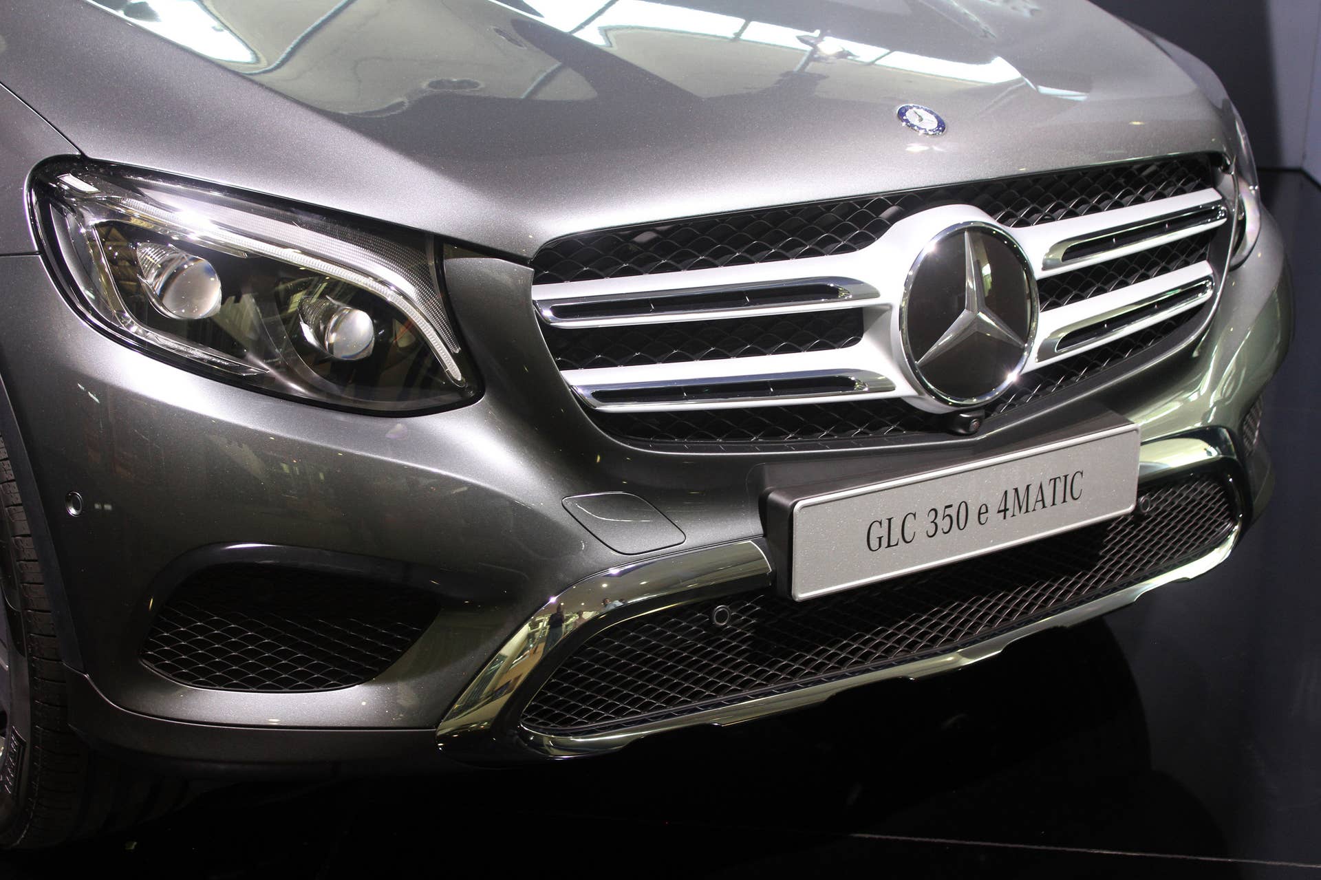 The 2016 Mercedes-Benz GLC 350e unveiled in Stuttgart, front close-up.