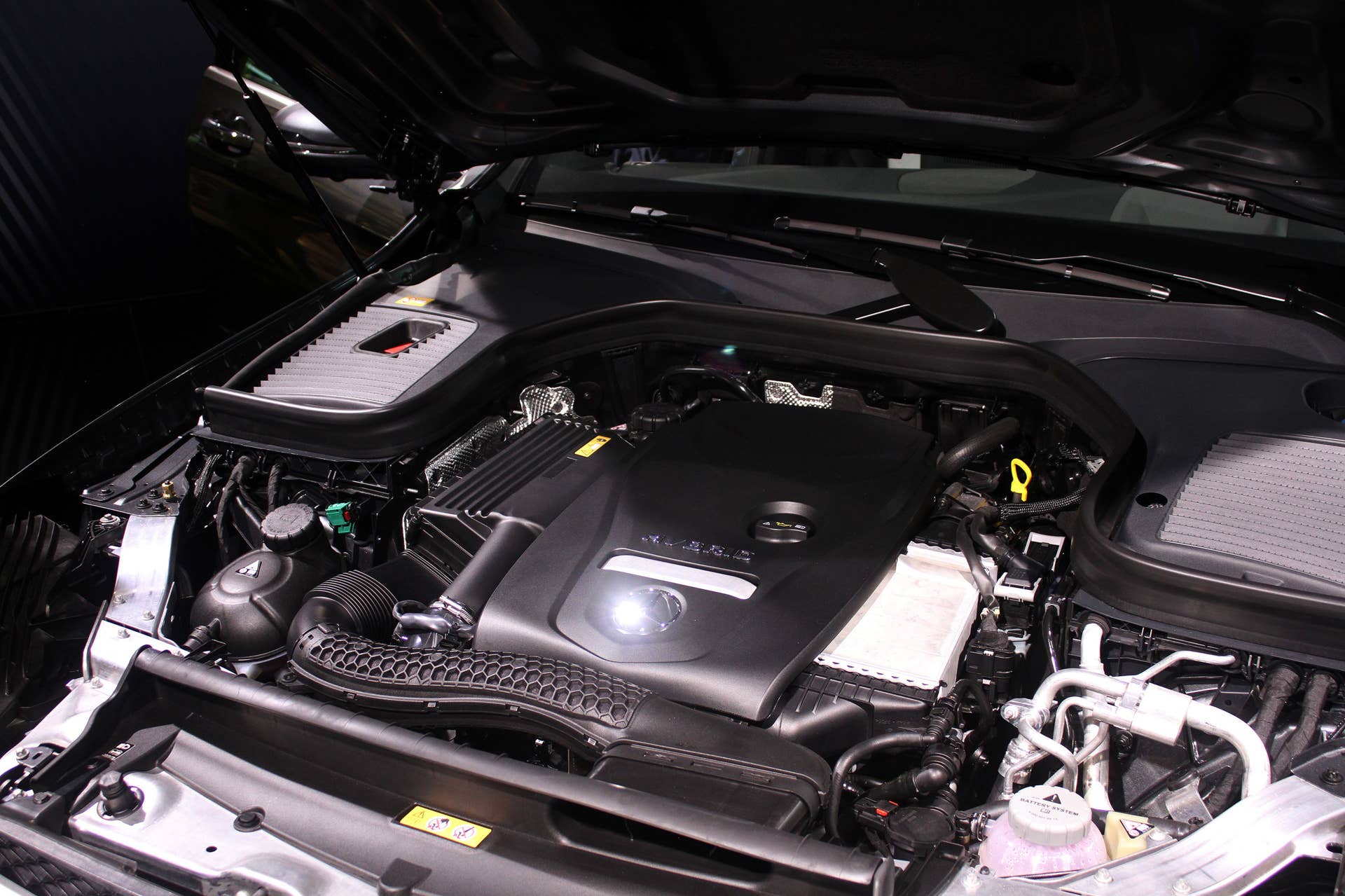 The 2016 Mercedes-Benz GLC 350e unveiled in Stuttgart, engine.