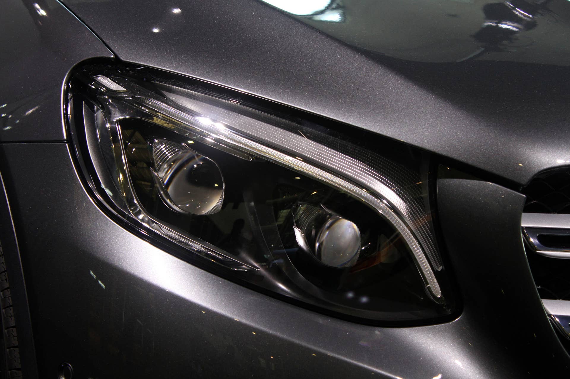 The 2016 Mercedes-Benz GLC 350e unveiled in Stuttgart, headlights.