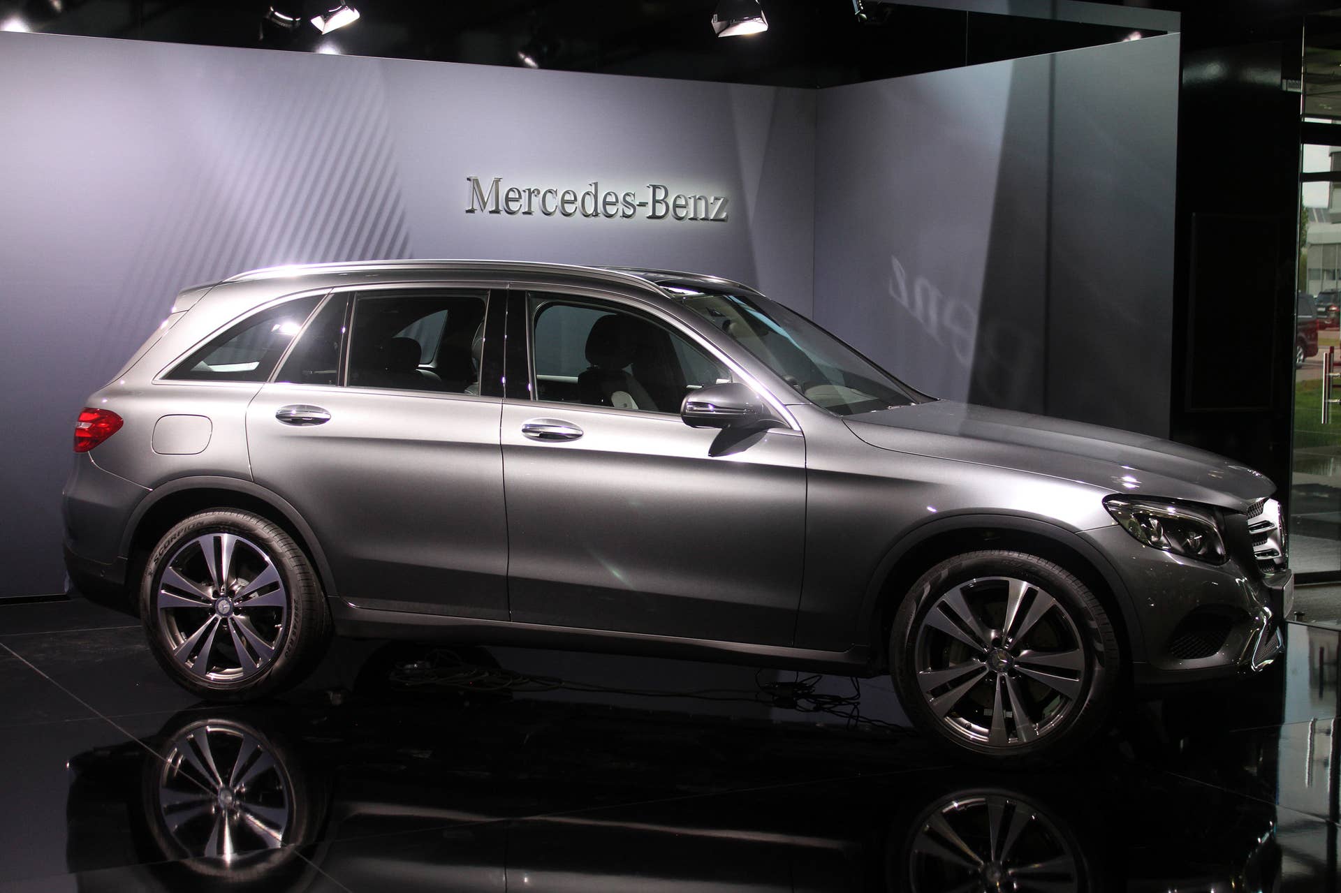 The 2016 Mercedes-Benz GLC 350e unveiled in Stuttgart, side view.