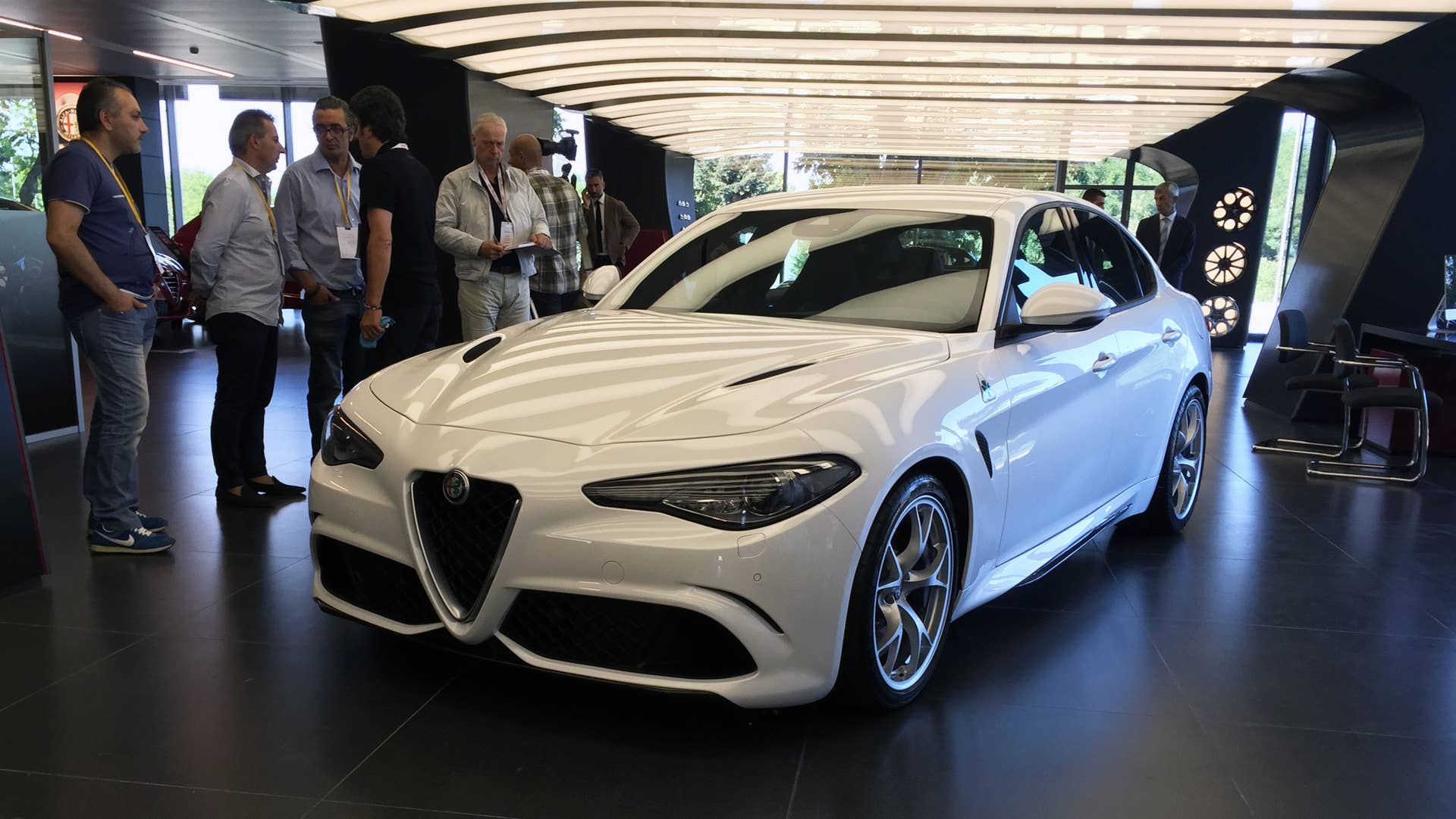 2016 Alfa Romeo Giulia in white, front 3/4