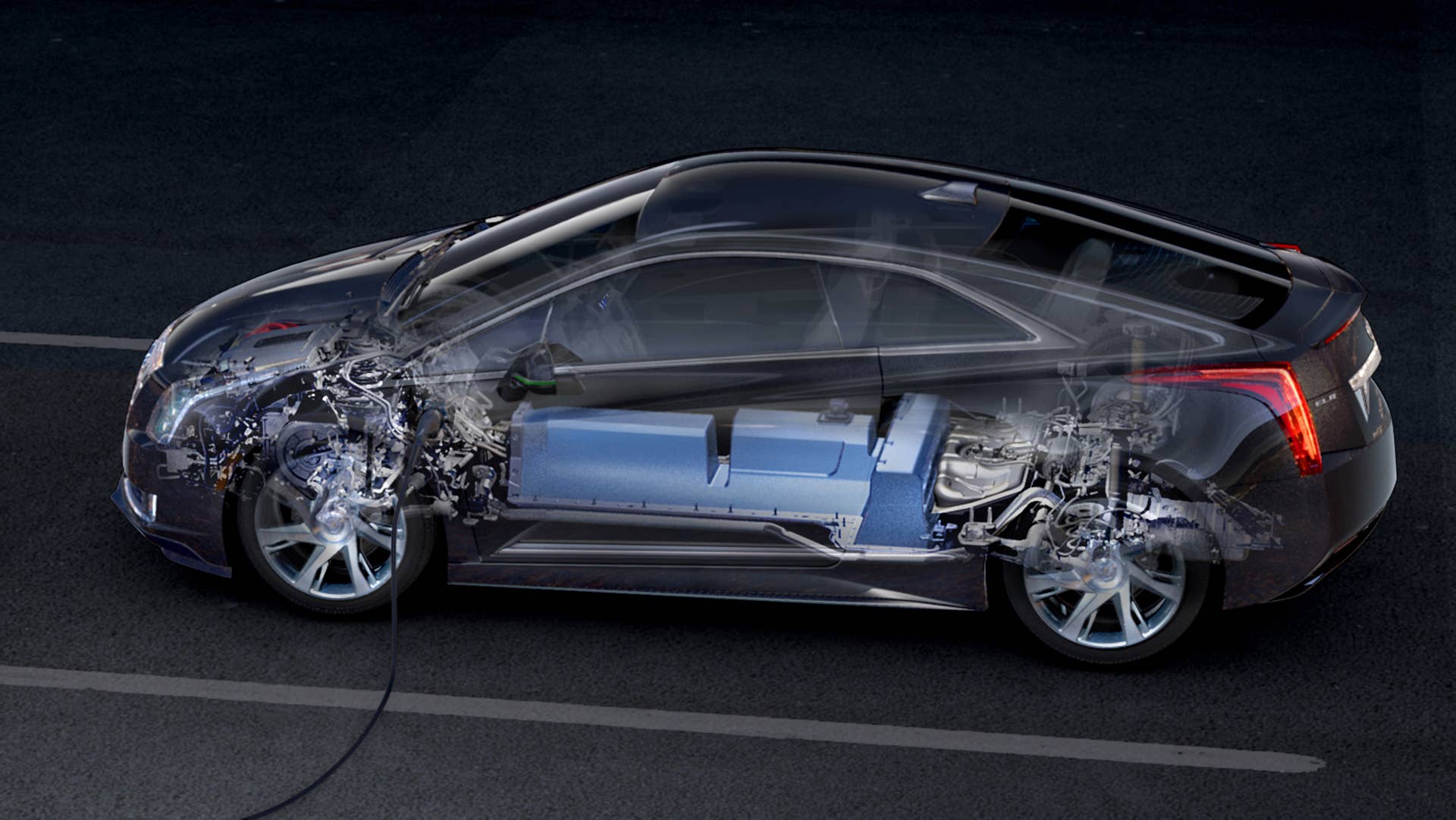 This rendering displays the battery and propulsion system technology found in the 2014 Cadillac ELR.