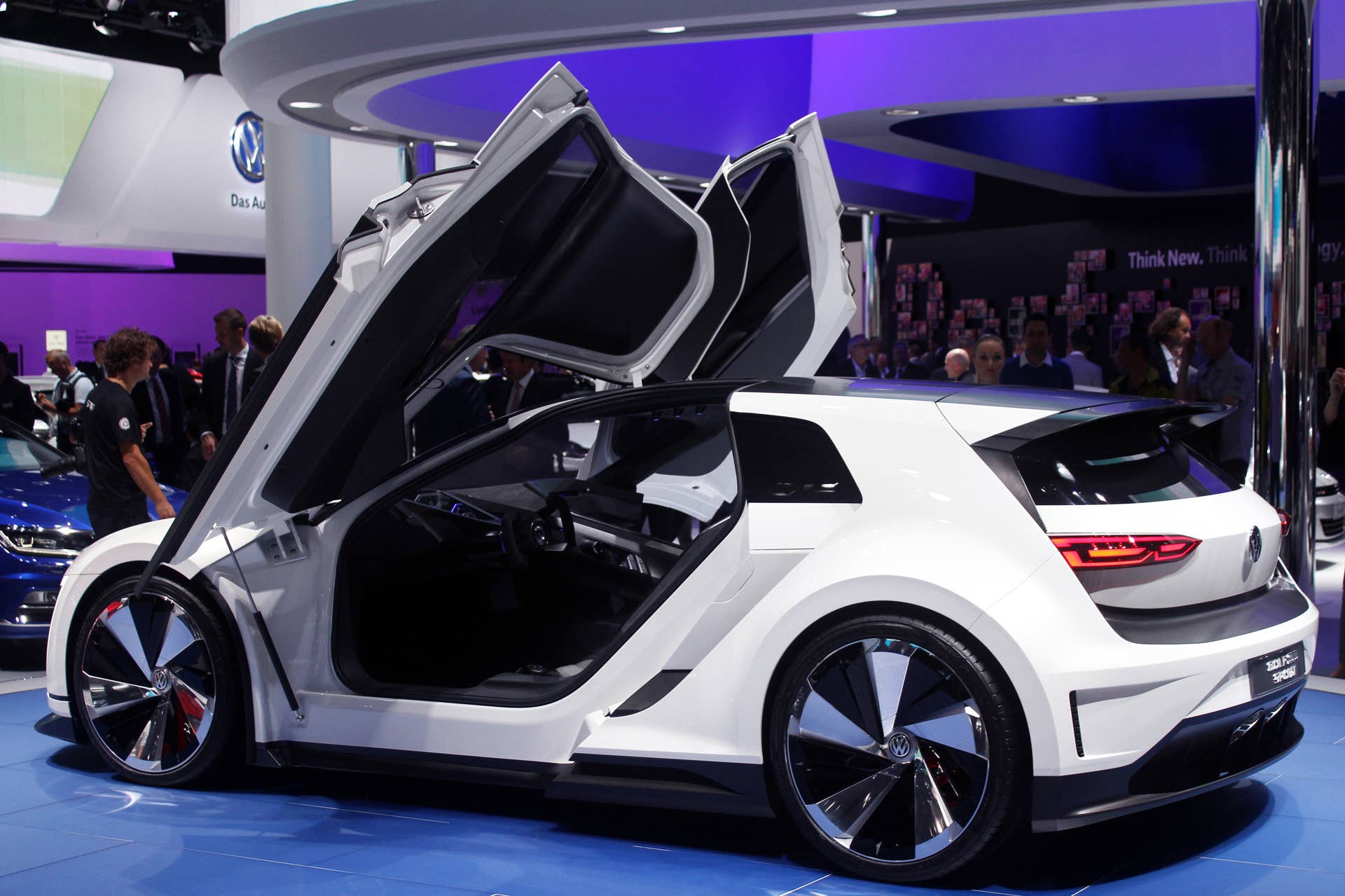 The Volkswagen Golf GTE Sport concept showed off at the 2015 Frankfurt Motor Show, near rear three-quarter view.