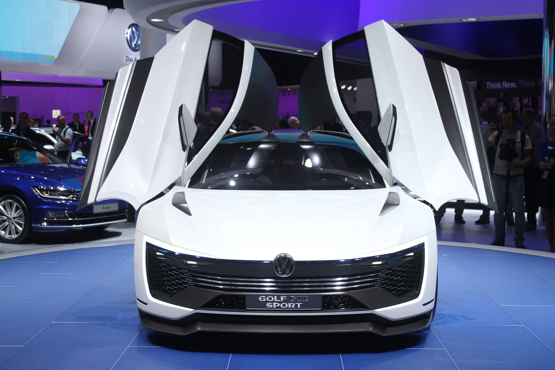 The Volkswagen Golf GTE Sport concept showed off at the 2015 Frankfurt Motor Show, front view.