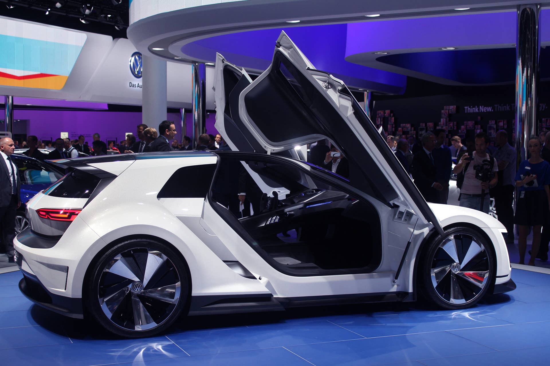The Volkswagen Golf GTE Sport concept showed off at the 2015 Frankfurt Motor Show, near rear three-quarter.