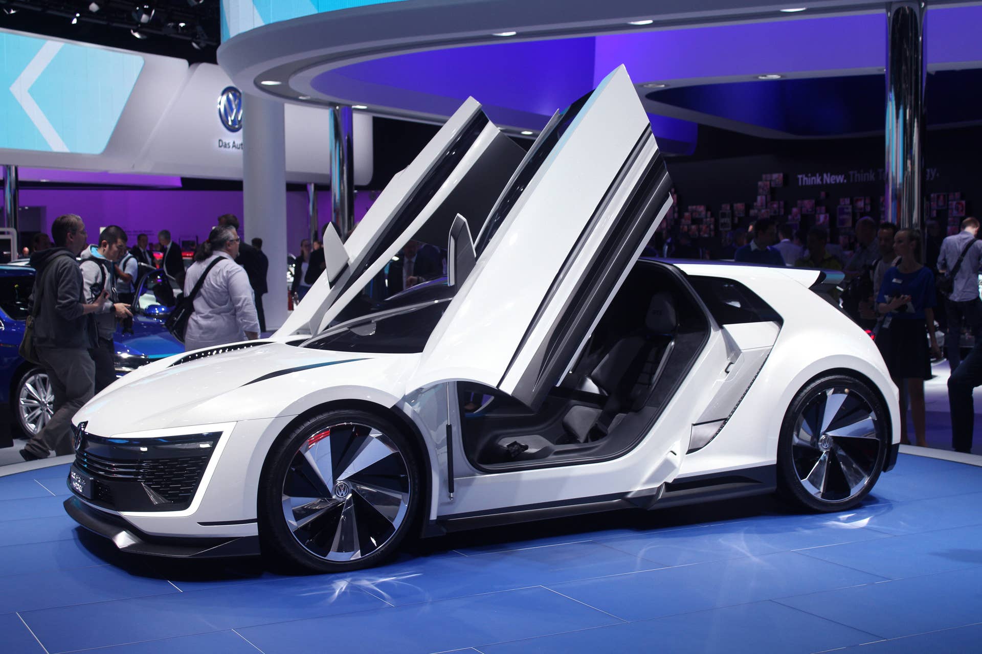 The Volkswagen Golf GTE Sport concept showed off at the 2015 Frankfurt Motor Show, near front three-quarter.