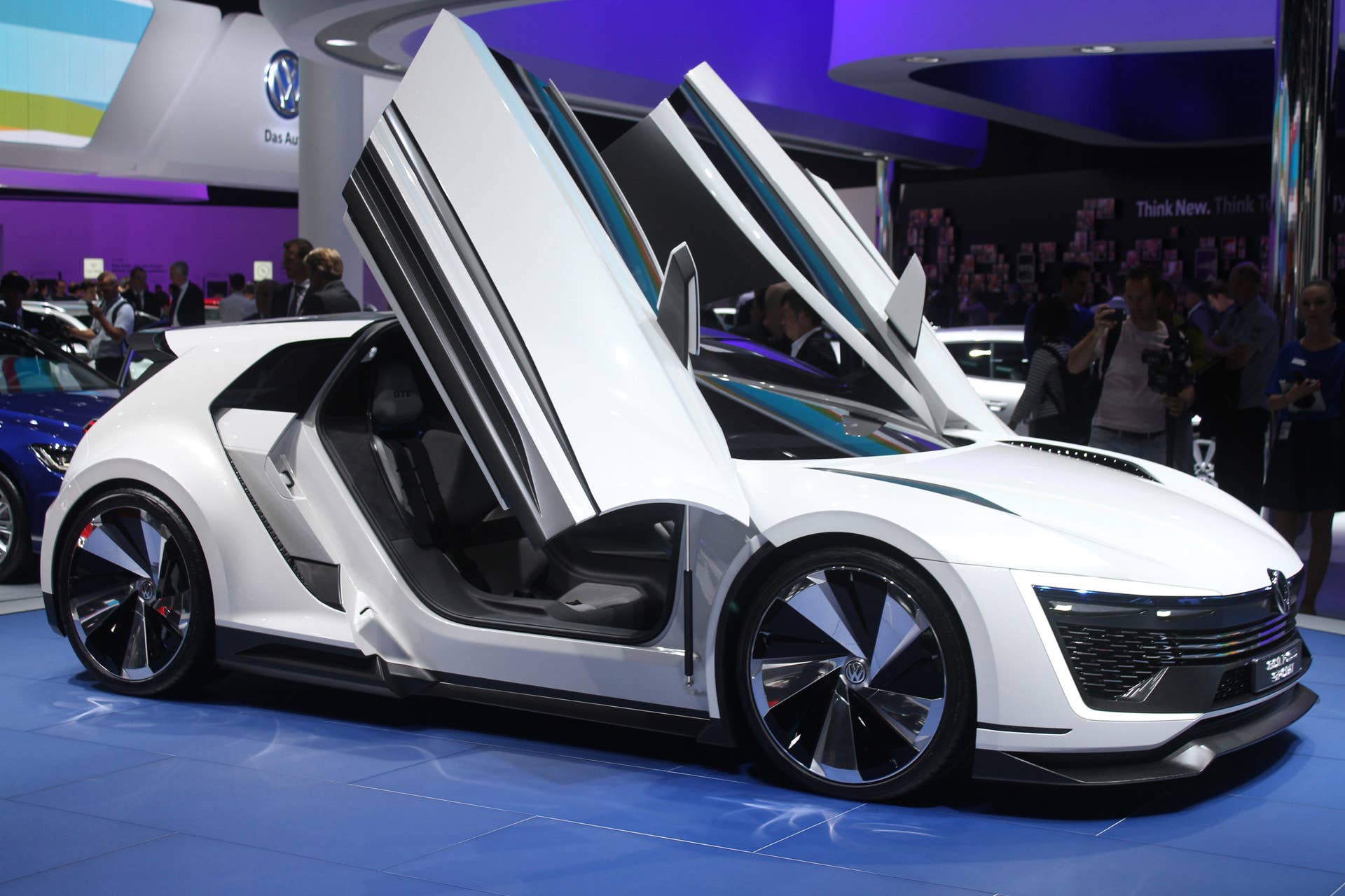 The Volkswagen Golf GTE Sport concept showed off at the 2015 Frankfurt Motor Show, near front three-quarter view.