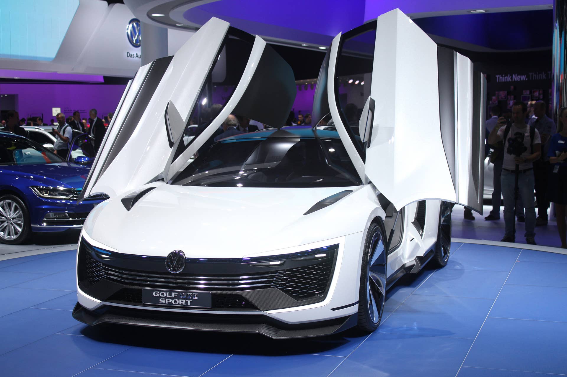 The Volkswagen Golf GTE Sport concept showed off at the 2015 Frankfurt Motor Show, front three-quarter view.