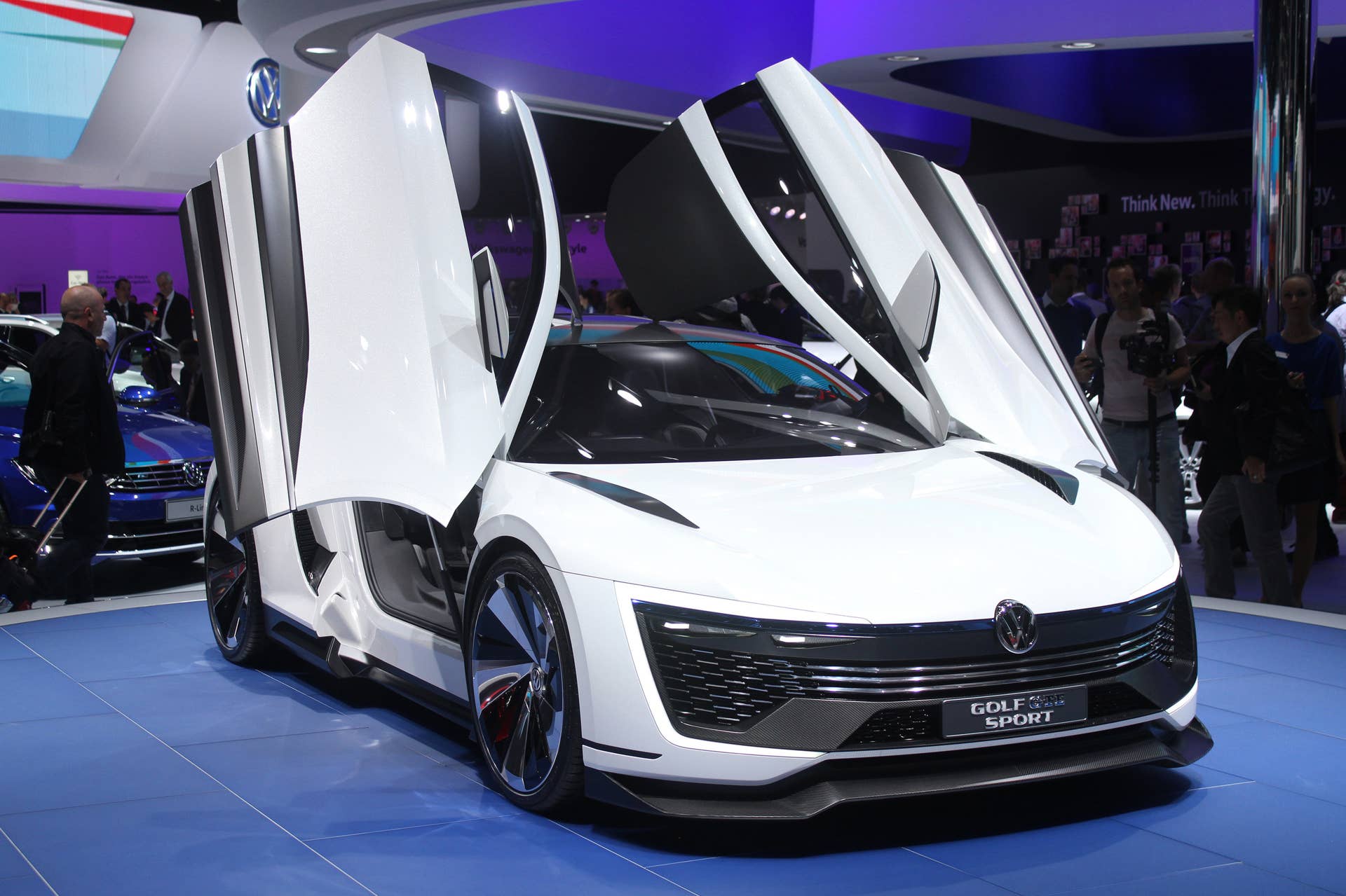 The Volkswagen Golf GTE Sport concept showed off at the 2015 Frankfurt Motor Show, front three-quarter view.