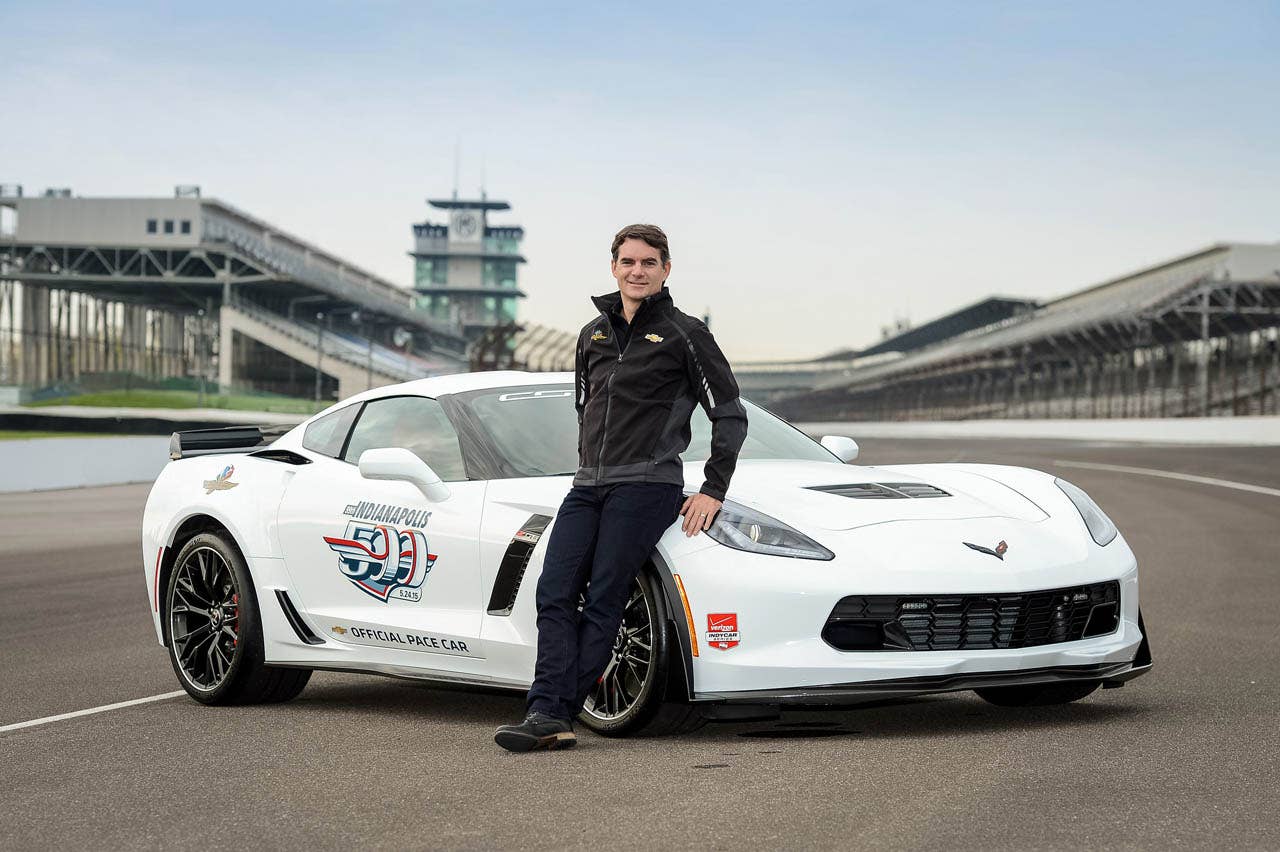 Chevrolet announces Wednesday, April 29, 2015 that five-time Brickyard 400 winner and four-time NASCAR Sprint Cup champion Jeff Gordon will drive a Corvette Z06 pace car for the 99th running of the Indianapolis 500 mile race, on May 24 at the Indianapolis Motor Speedway. It is the 13th time a Corvette has served as the official pace car, dating to 1978, and the 26th time a Chevrolet has led the pack for âThe Greatest Spectacle in Racing.â (Photo by IMS for Chevy Racing)