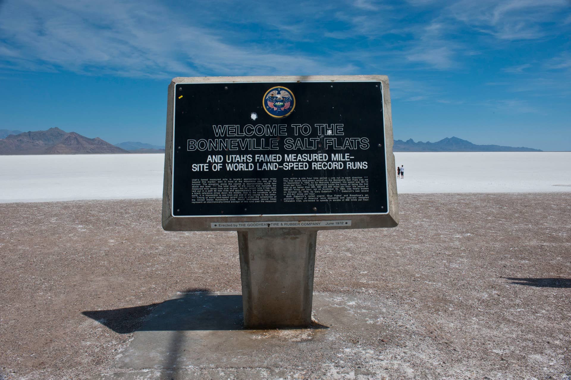 Nevada, Great Salt Lake, Bonneville Salt Flats Informational Sign about land Speed Records. (Photo By: Education Images/UIG via Getty Images)