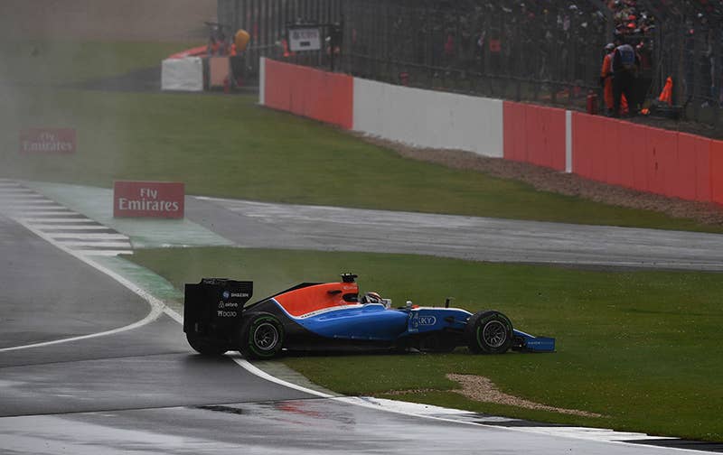 Manor's Racing's German driver Pascal Wehrlein crashes out of the British Formula One Grand Prix at Silverstone motor racing circuit in Silverstone, central England, on July 10, 2016