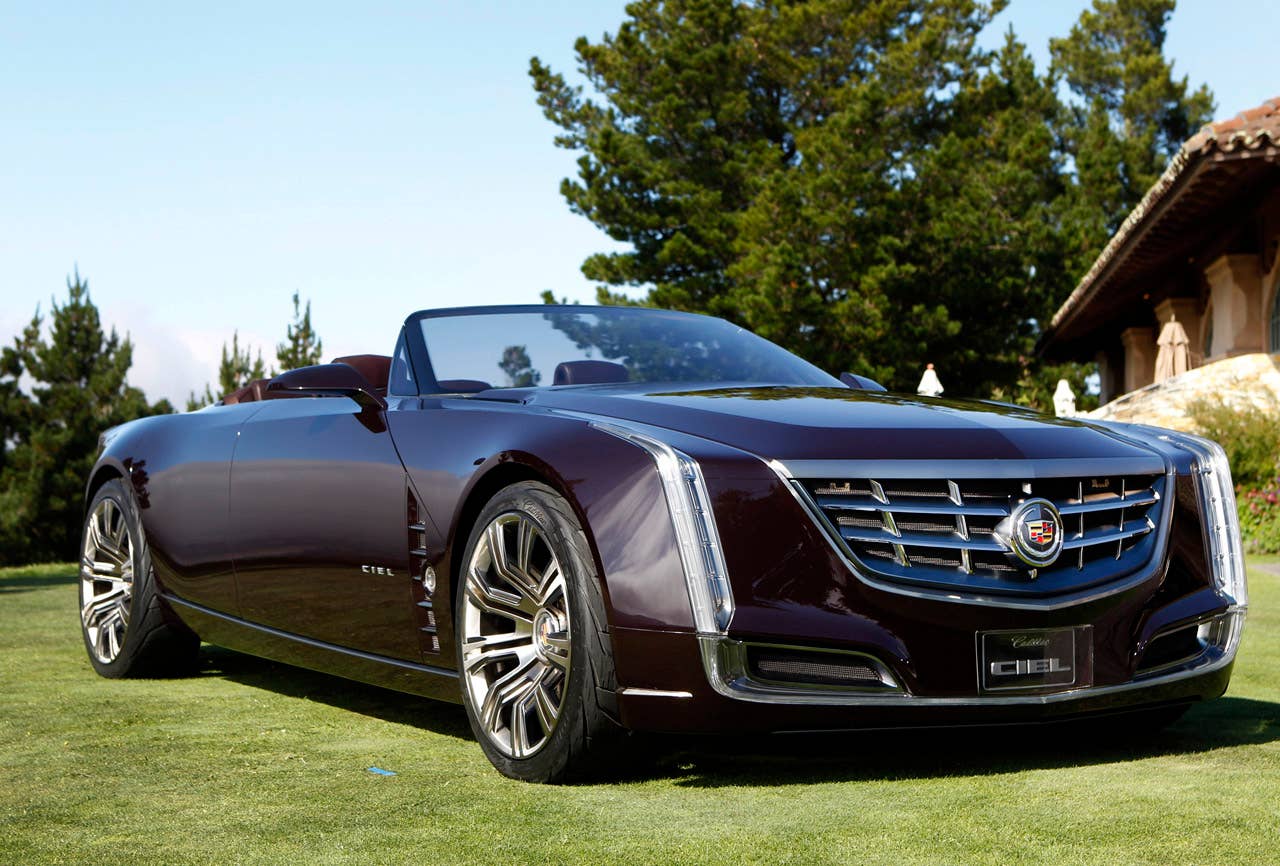 Cadillac introduces the Ciel concept, an open-air grand-touring car Thursday, August 18, 2011 in Carmel, California. The Ciel - pronounced "C-L," the French translation for sky - is a four-seat convertible powered by a twin-turbocharged version of the 3.6-liter Direct Injection V-6 engine, paired with a hybrid system using lithium-ion battery technology. (Cadillac News Photo) (08/18/2011)