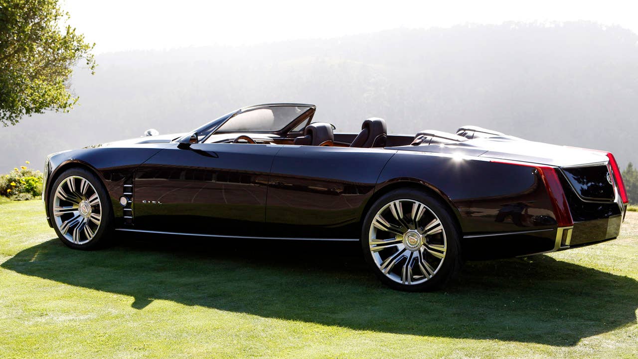 Cadillac introduces the Ciel concept, an open-air grand-touring car Thursday, August 18, 2011 in Carmel, California. The Ciel - pronounced "C-L," the French translation for sky - is a four-seat convertible powered by a twin-turbocharged version of the 3.6-liter Direct Injection V-6 engine, paired with a hybrid system using lithium-ion battery technology. (Cadillac News Photo) (08/18/2011)