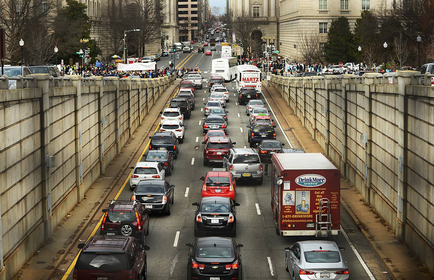 WASHINGTON, DC - JANUARY 27: Traffic congestion at 12th St and Constitution Avenue during The March for Life 2017 in Washington, D.C., January 27, 2017, before marching to the US Supreme Court. The march is in support of the nation wide anti abortion movement. (Photo by Astrid Riecken For The Boston Globe)