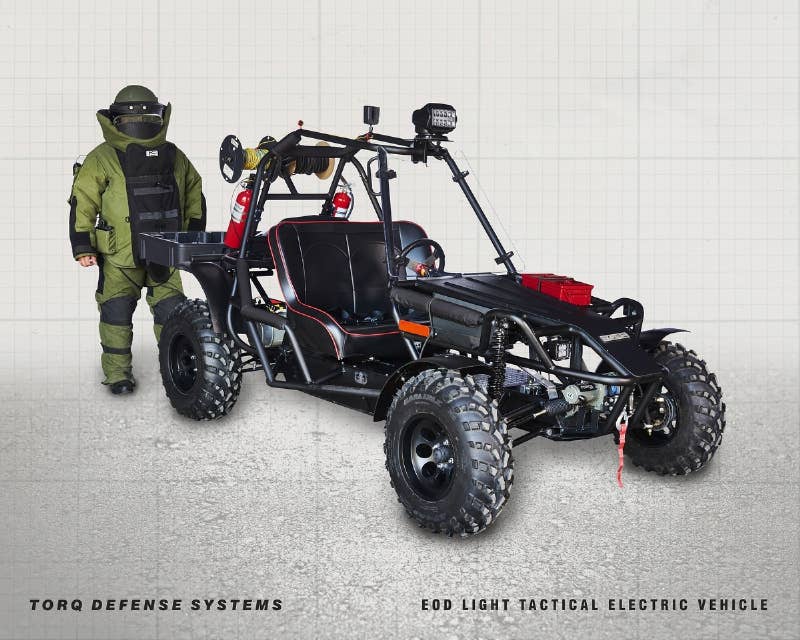 New EOD Rapid Response, Light Tactical Electric Vehicle by TORQ Defense Systems. This swift and silent multi-terrain EOD vehicle was developed specifically to further enhance the readiness of America's first responders. The TORQ LTEV enables a fully suited explosive ordnance disposal technician to rapidly deploy down range while easily transporting all the tools deemed necessary to identify, diagnose and disrupt suspected or real explosive devices. The high-torque LTEV's rugged design and unique off-road capabilities deliver light tactical mobility in often complex, high-density urban areas. (PRNewsFoto/TORQ Defense Systems)