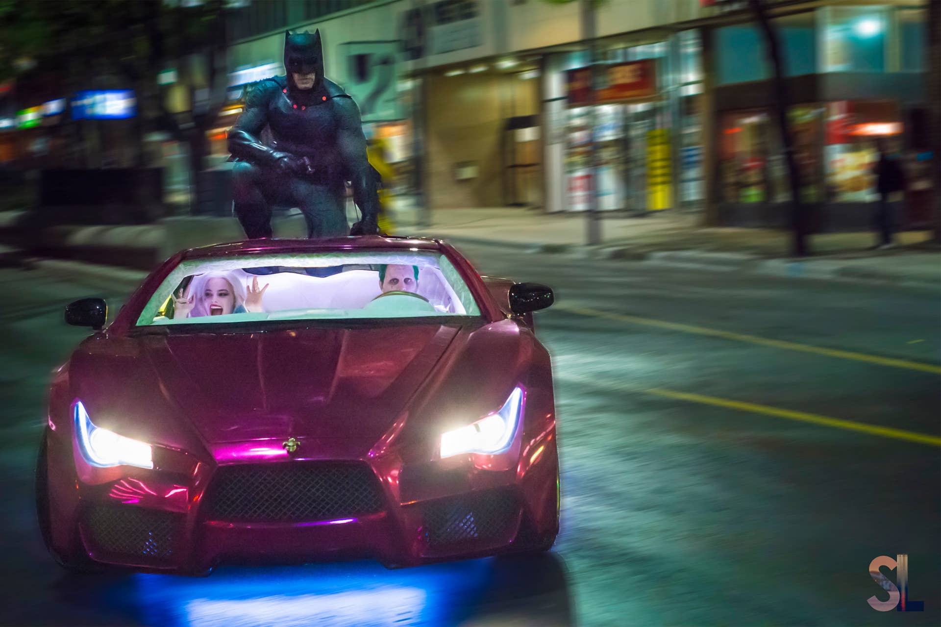 suicide squad jokermobile batman riding jared leto the joker harley quinn margot robbie