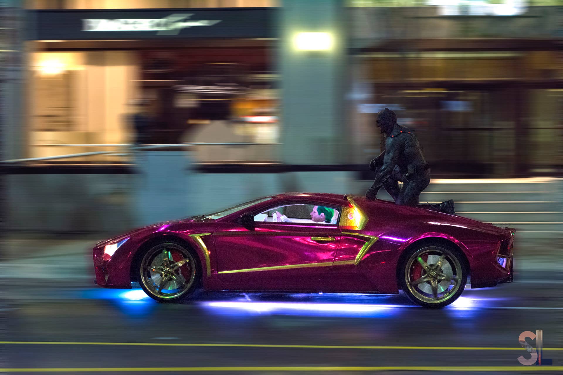 suicide squad jokermobile batman riding jared leto the joker