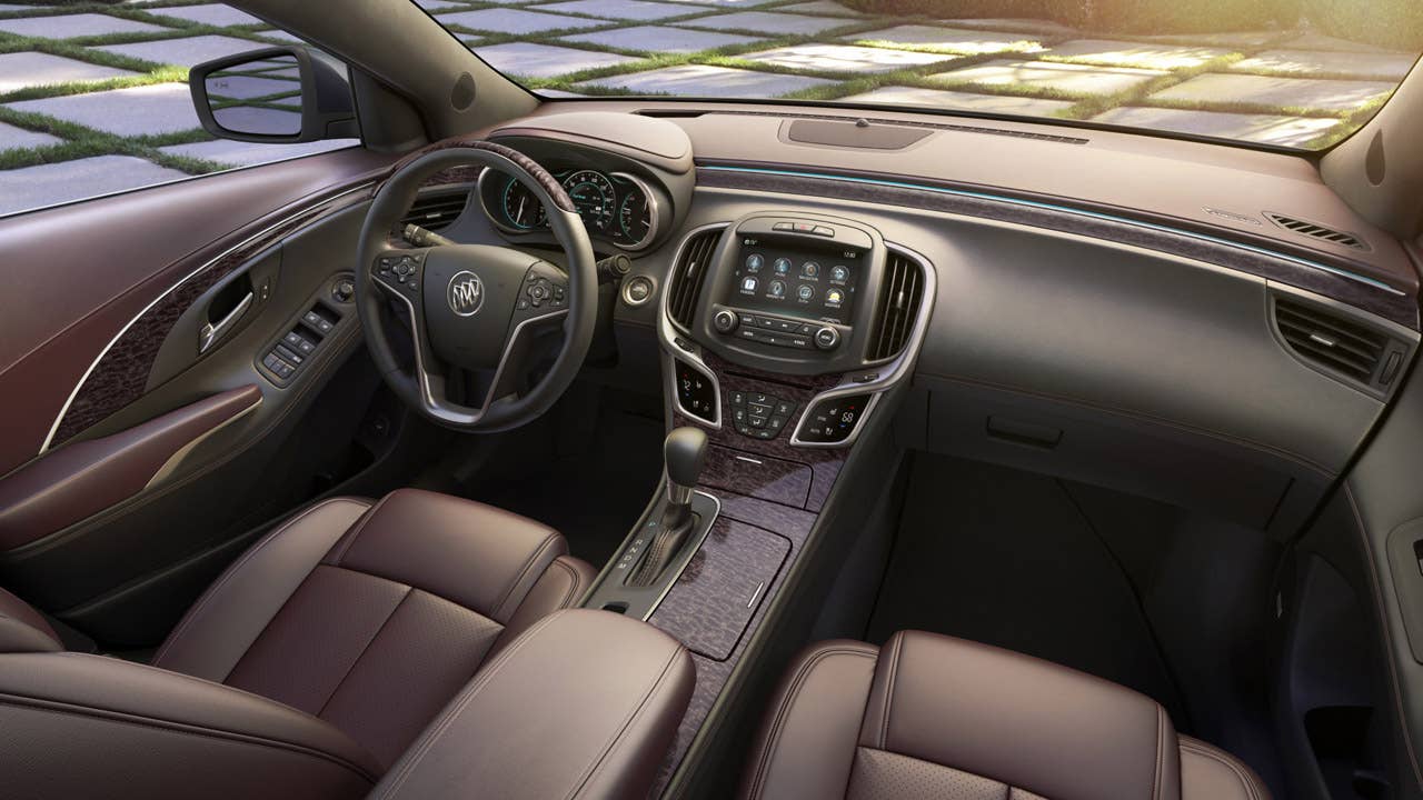 2014 Buick LaCrosse Ultra Luxury Interior Package with semi-aniline leather seating, Tamo Ash wood trim and synthetic suede headliner and pillars coverings