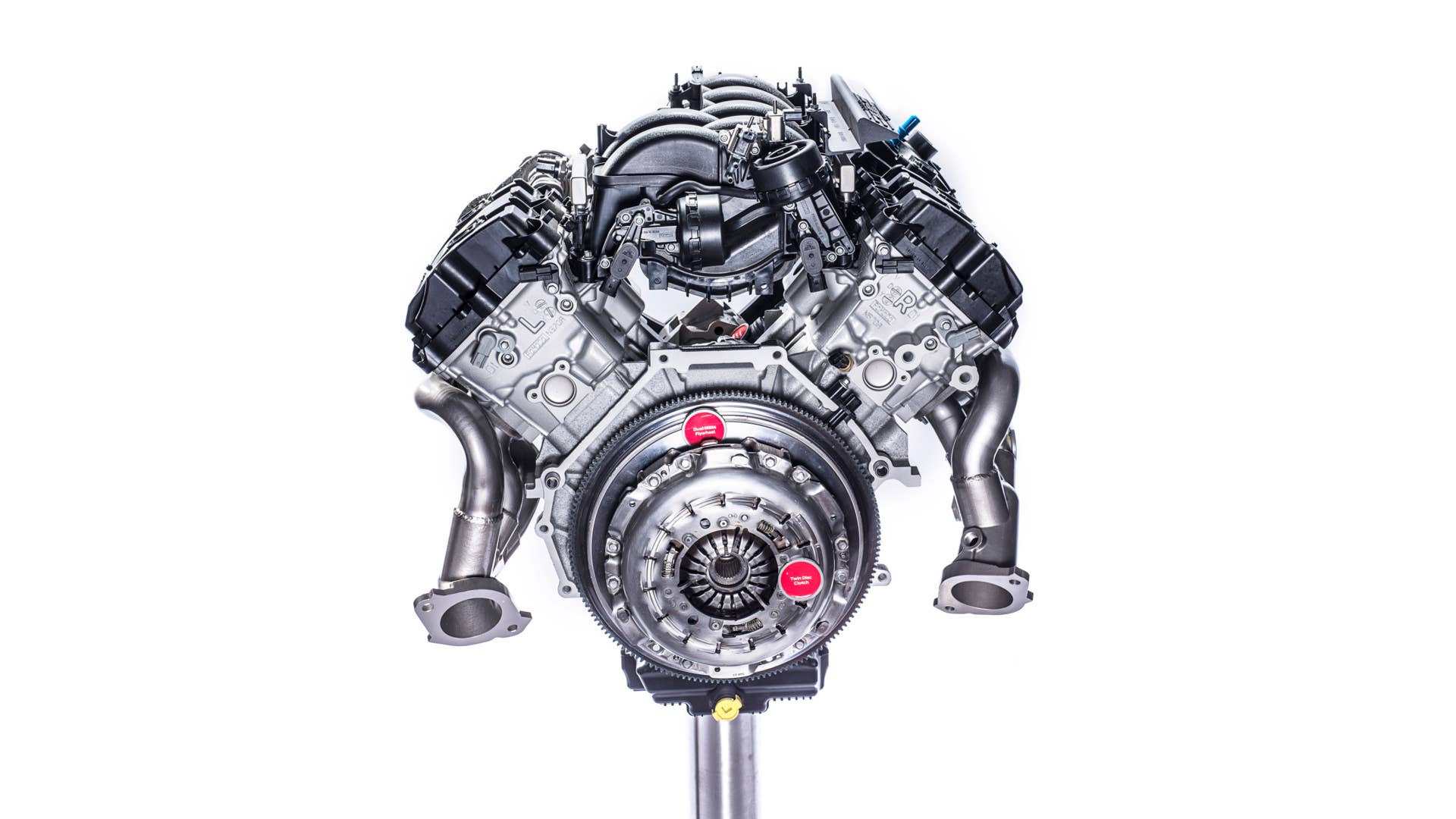 The all-new Ford 5.2-liter flat-plane crankshaft V8 found in the Shelby GT350 and GT350R Mustang will produce 526 horsepower and 429 lb.-ft. of torque. At 102 horsepower per liter, the engine is both the most power-dense and the most powerful naturally aspirated road-going engine in Ford history