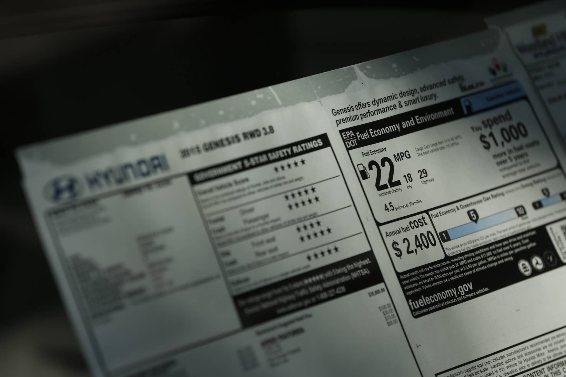 Fuel Economy information is displayed on the window of a Hyundai Genesis luxury vehicle on the lot of the Keyes Hyundai dealership in the Van Nuys neighborhood of Los Angeles, California, U.S., on Saturday, Jan. 2, 2016. Ward's Automotive Group is scheduled to release U.S. monthly total and domestic auto sales on Jan. 5. Photographer: Patrick T. Fallon/Bloomberg via Getty Images