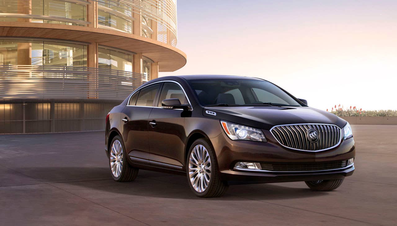 2014 Buick LaCrosse 3.6L V6,  front view with Midnight Amethyst exterior Metallic exterior color and 20-inch premium painted Alloy wheels