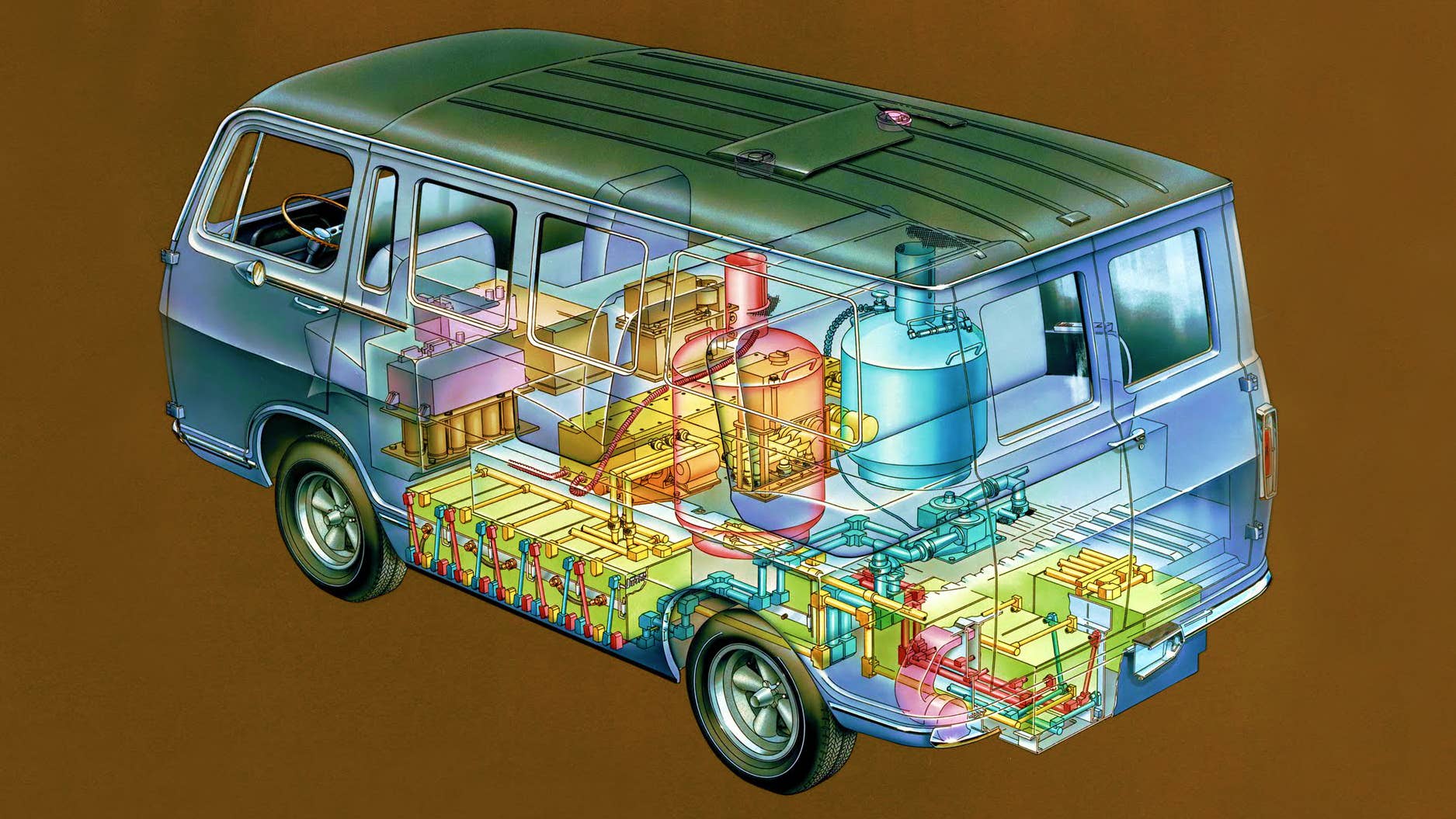 The General Motors Electrovan celebrates its 50th anniversary as the worldâs first hydrogen-power fuel cell vehicle in October. It was the first transfer of fuel cell technology from President John F. Kennedyâs challenge to NASA to safely land a man on the moon by the end of the 1960s. This technical art shows the Electrovanâs interior crammed with fuel cell componentry that left room for only a driver and two passengers.