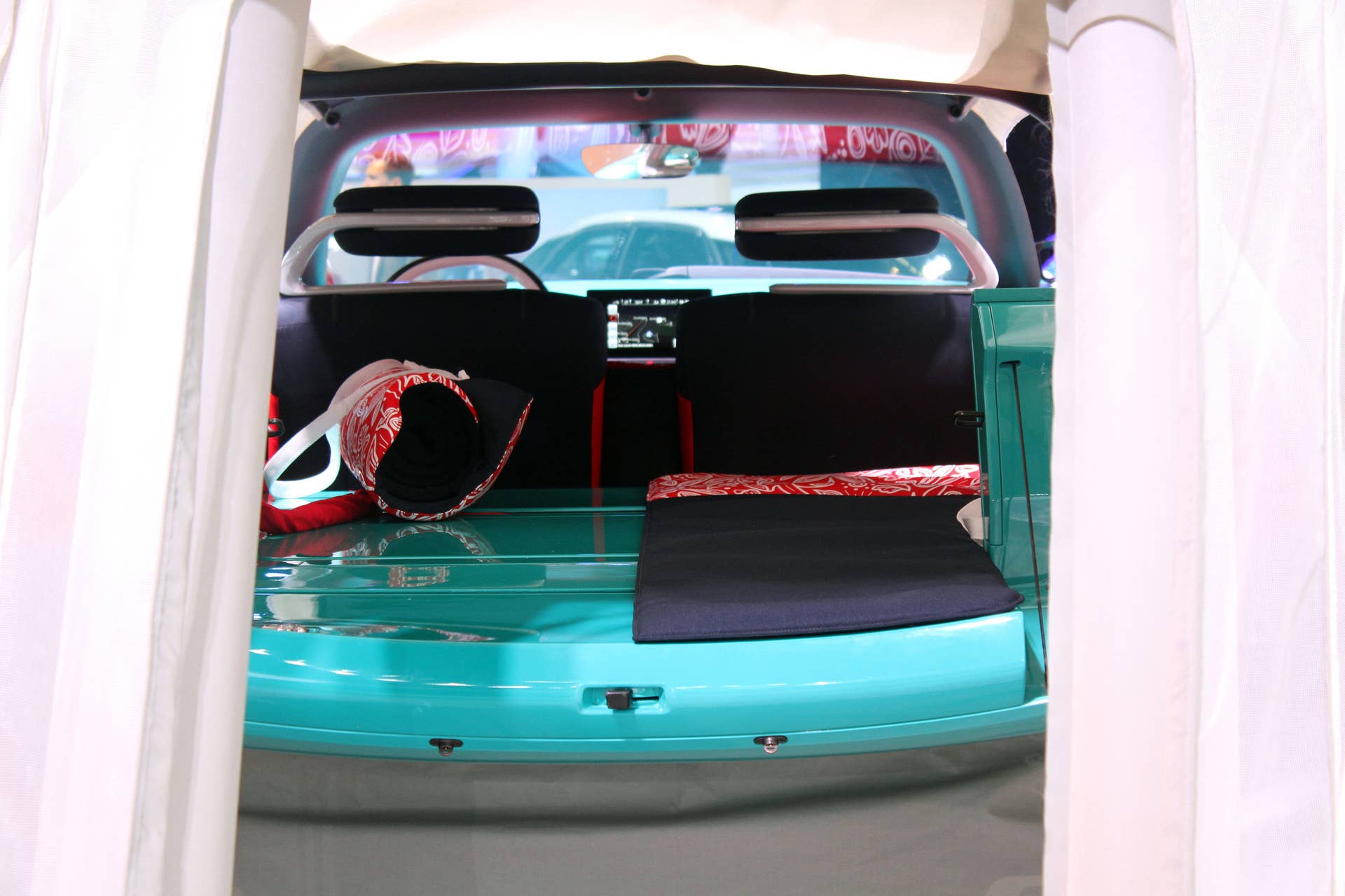 The Citroen Cactus M Concept at the 2015 Frankfurt Motor Show, view inside the car through the tent on the rear.