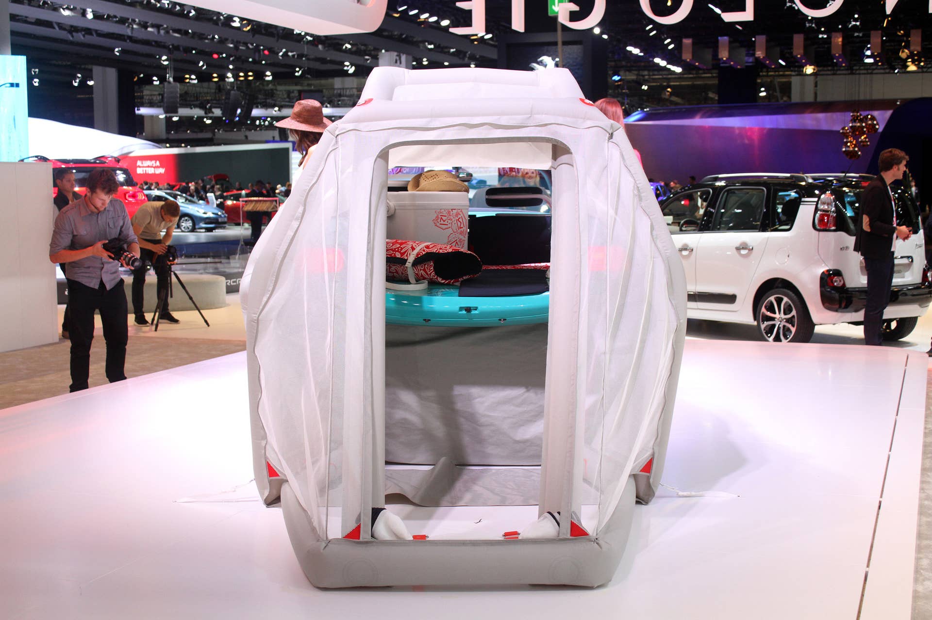 The Citroen Cactus M Concept at the 2015 Frankfurt Motor Show, rear view looking into the cabin through the tent.